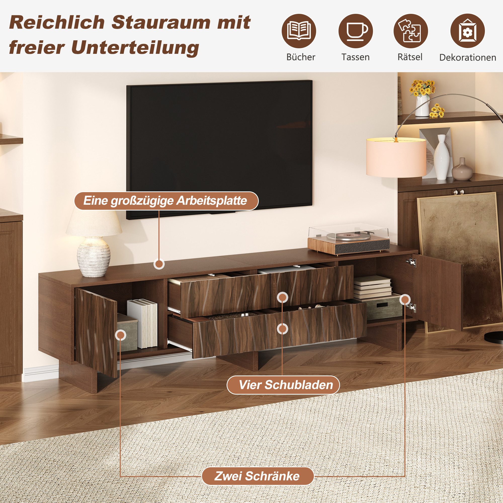 Odikalo TV-Schrank Lowboard mit 4 Schubladen und 2 Schranktüren, Wellenförmigen Design (Wohnzimmerschrank, Fernsehschrank, geeignet für Fernseher bis zu 75 Zoll)