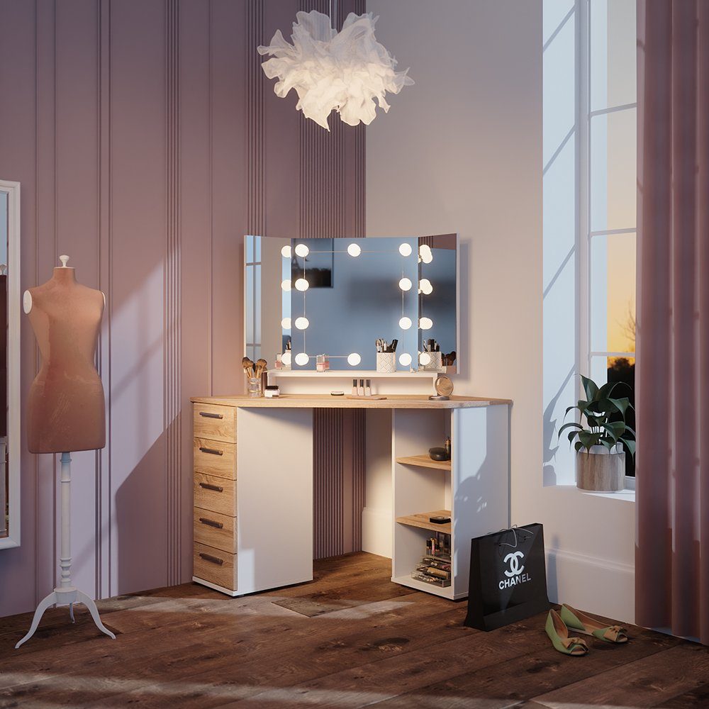 Schminktisch Sofia, Weiß/Sonoma, 128.4 cm mit LED Beleuchtung