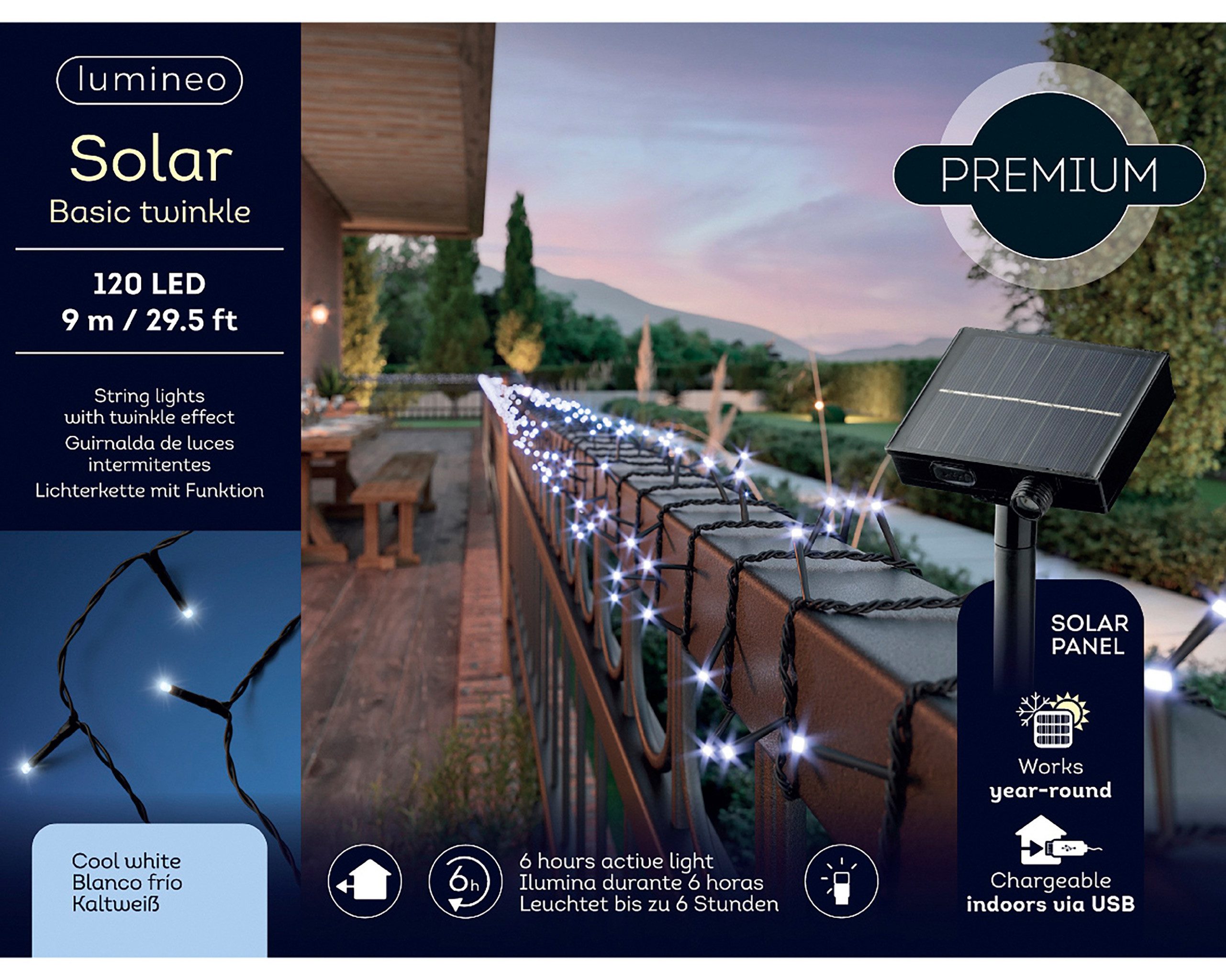 Lumineo LED-Lichterkette, LED Solar Lichterkette 9m Schwarz 8 Twinkle-Effekts 120 LEDs Kaltweiß