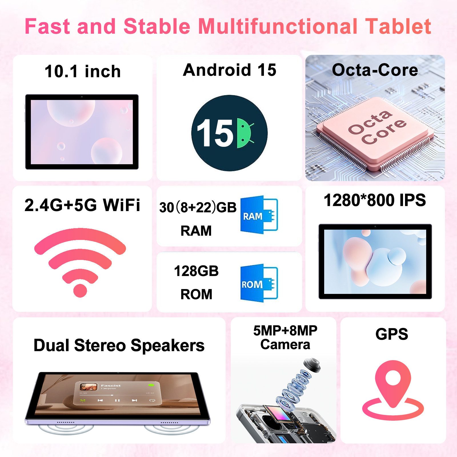 GOODTEL YESTEL 10.1 Zoll Android 15 Tablet – 30GB RAM, 128GB Speicher Tablet (10.1", Android15, Octa-Core 2.0GHz, 8000mAh Akku, GPS)