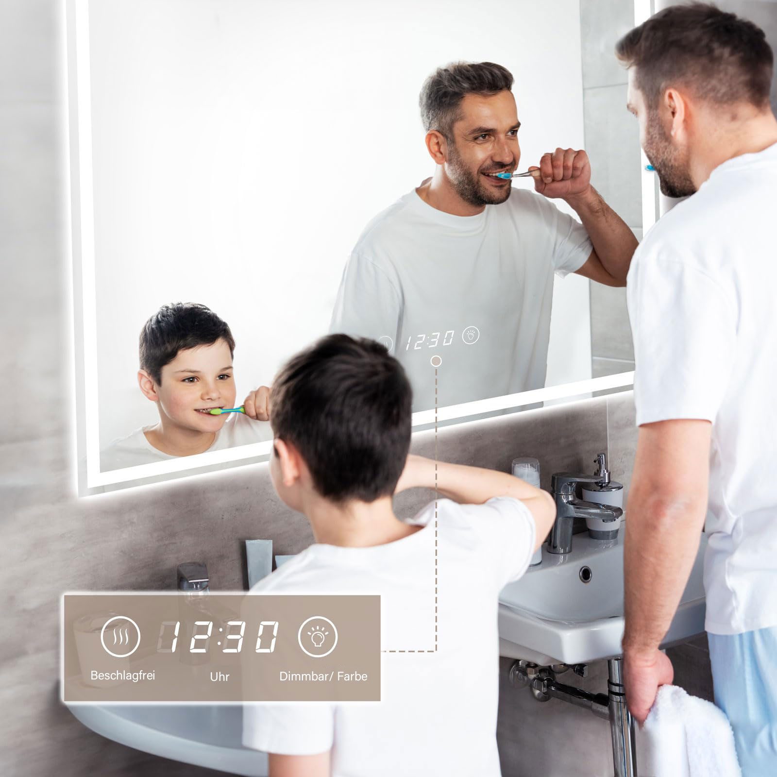 Dripex Badspiegel Led Wandspiegel Badezimmerspiegel fürs Wohnzimmer, Salon, 3-fache Bildvergrößerung/ uhr/ steckdose/ Bluetooth-Lautsprecher