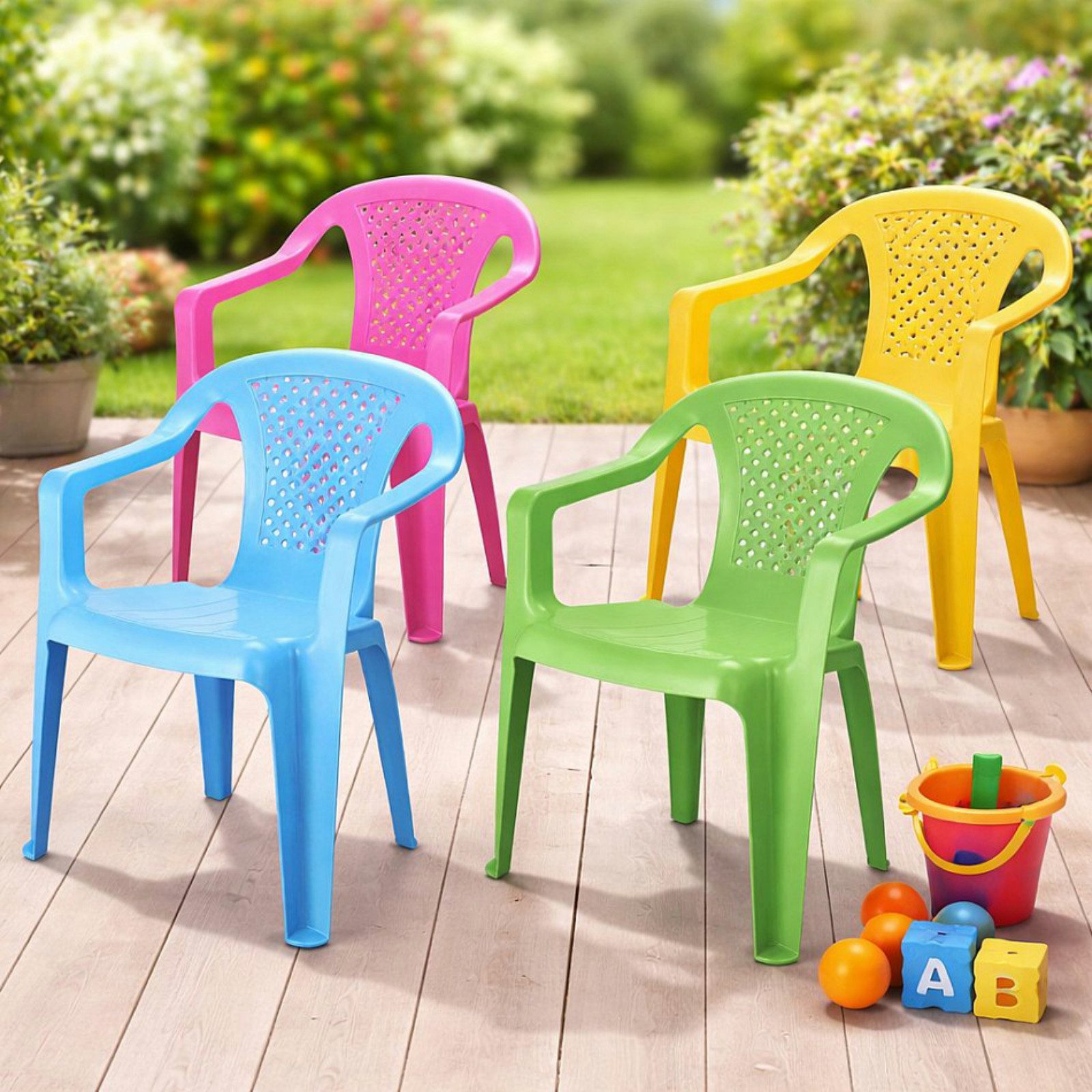 Progarden Kinderstuhl Kunststoff Kinder 52 cm Bunt 4 er Set (4 St), 4er Set, Gartenstuhl, Stuhl, Stapelbar, Kunststoff
