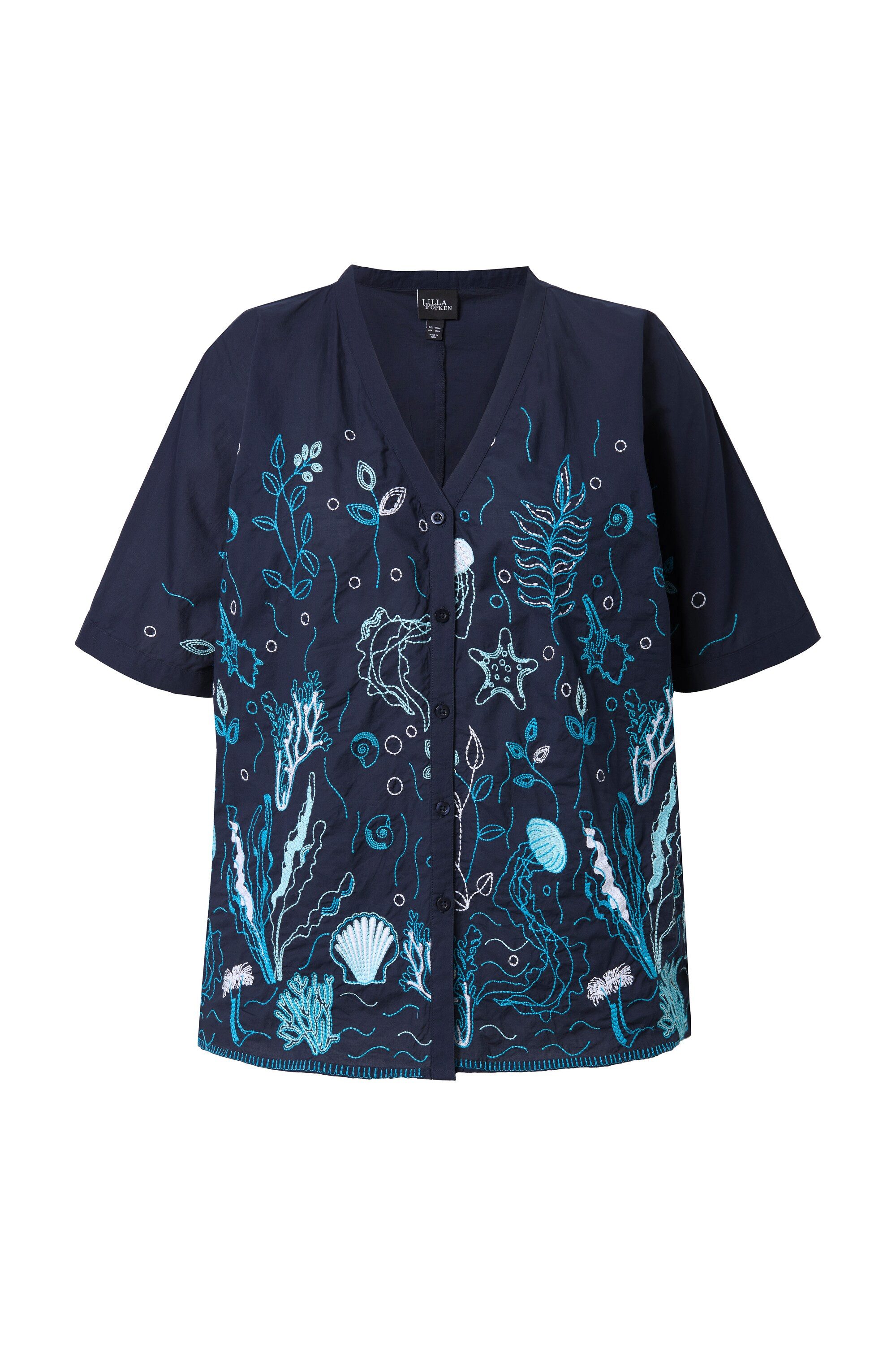 Ulla Popken Druckbluse Bluse Stickerei Oversized V-Ausschnitt Halbarm