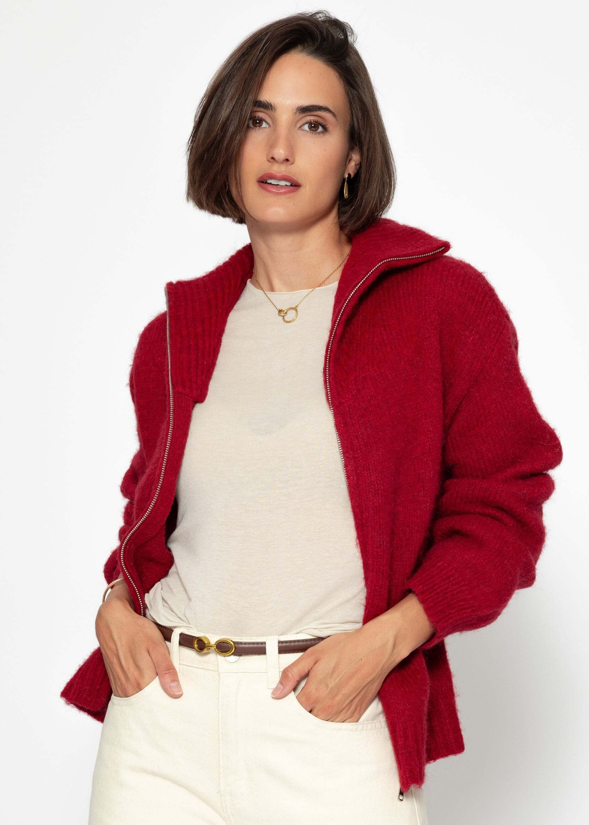 SASSYCLASSY Cardigan Cardigan mit Reißverschluss für Damen Weiche Strickjacke mit modernem Kragen Taupe Offwhite Burgundy
