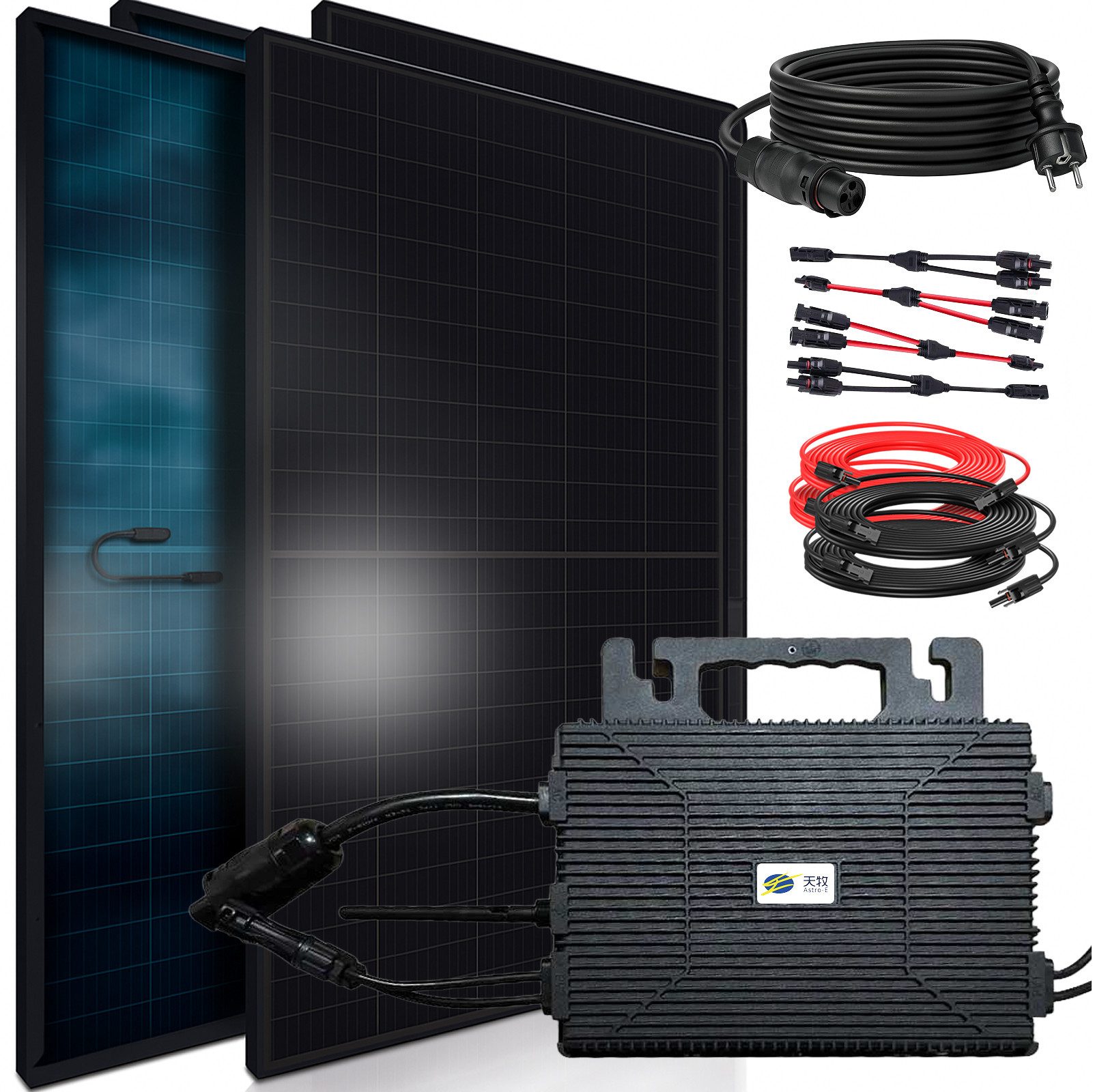 SUNNIVA Balkonkraftwerk 1840W BIFAZIAL FULLBLACK komplett Steckdose, (ASTRO-E 800W Wechselrichter, PV Solaranlage, 4x 460W Glas-Glas Солнечные панели, inkl. 5m Kabel, Bluetooth WIFI, Komplettset)