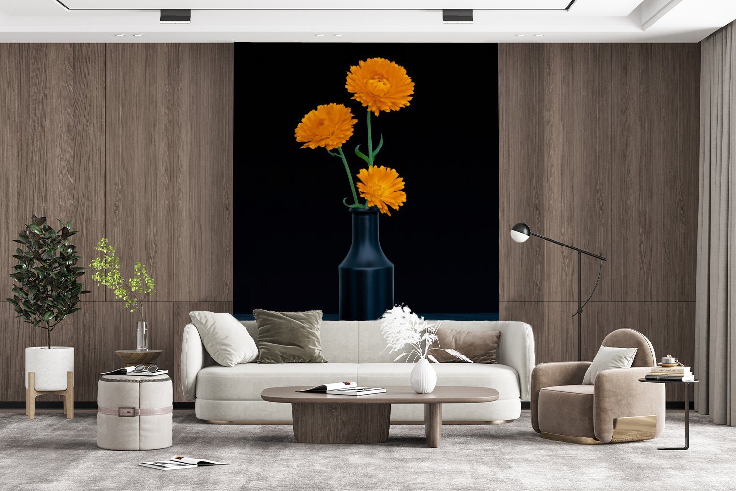 - Blumen für - Montagefertig Matt, Vase bedruckt, St), Wohnzimmer, (4 Tapete Orange, MuchoWow Vinyl Fototapete Wandtapete