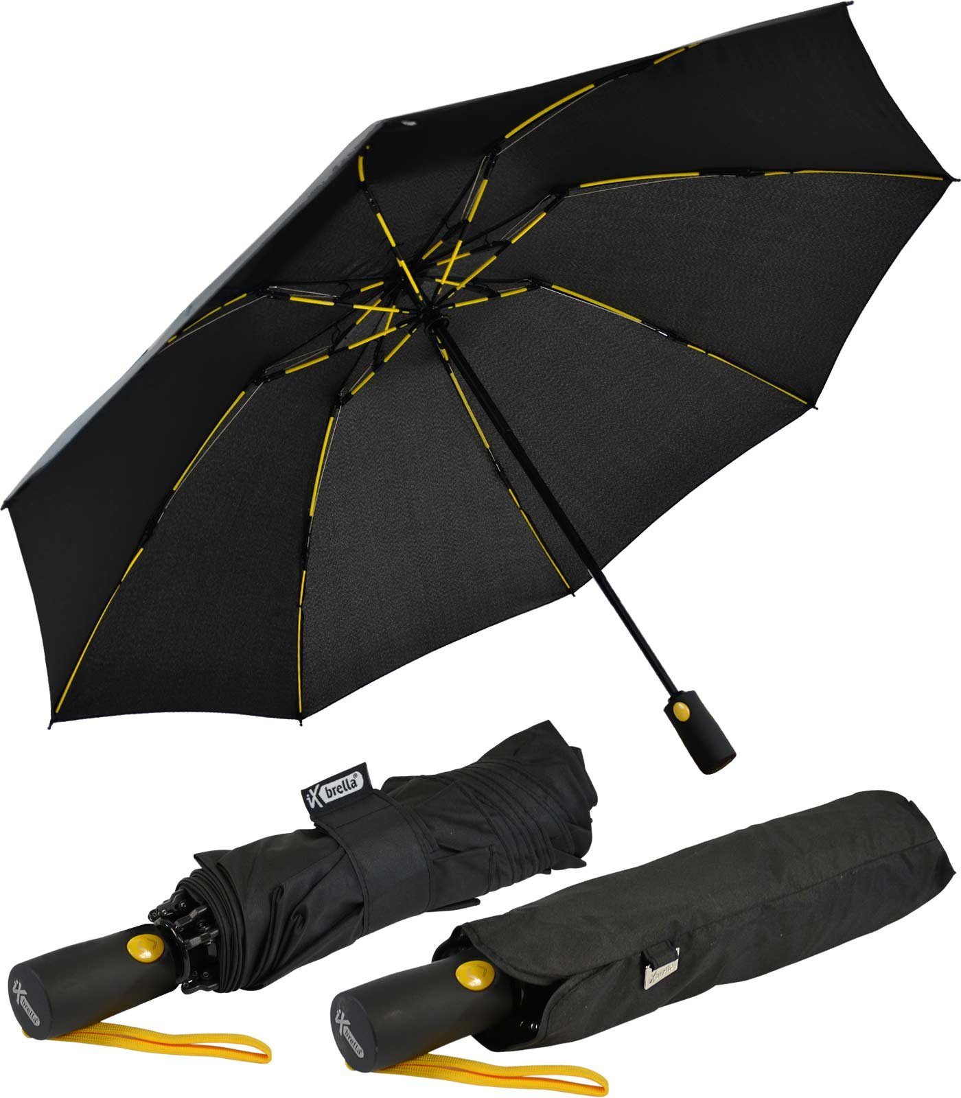 iX-brella Taschenregenschirm Reverse umgekehrt öffnender Fiberglas-Automatiksch, mit bunten stabilen Speichen schwarz-gelb