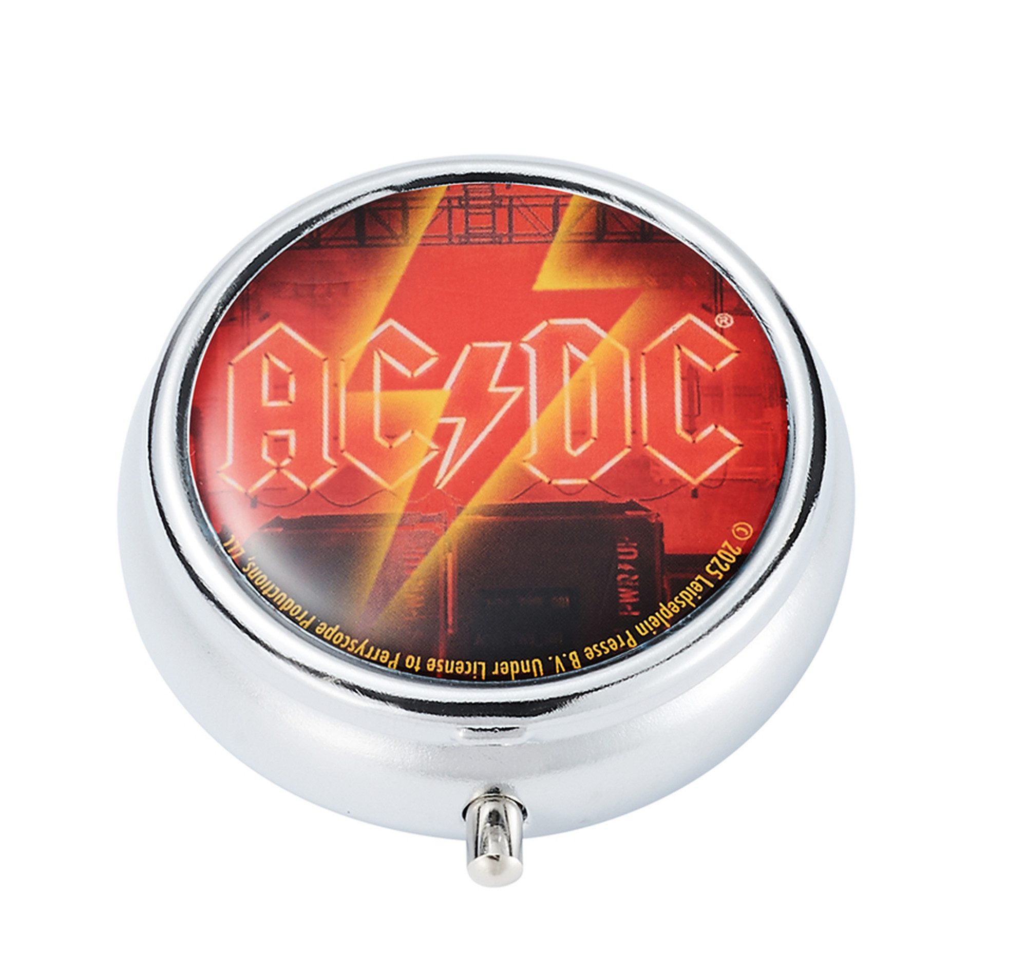 CHAMP Aschenbecher Taschen ASCHENBECHER "AC/DC" Ø5cm Deckel aus Metall rund 81 (Blitz), mit Ablagefläche Taschenaschenbecher Reise Outdoor Reiseaschenbecher