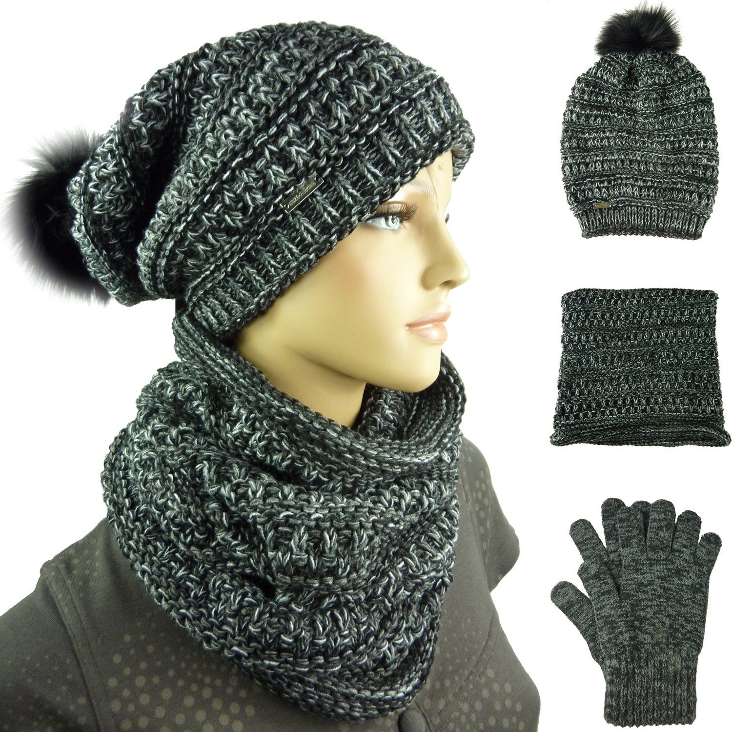Taschen4life Strickmütze Damen Mütze Schal Handschuhe Tea (Set 3 teilig, mit Schal und Handschuhen) Long-Beanie mit großem Bommel (Synthetik), Loop Rundschal