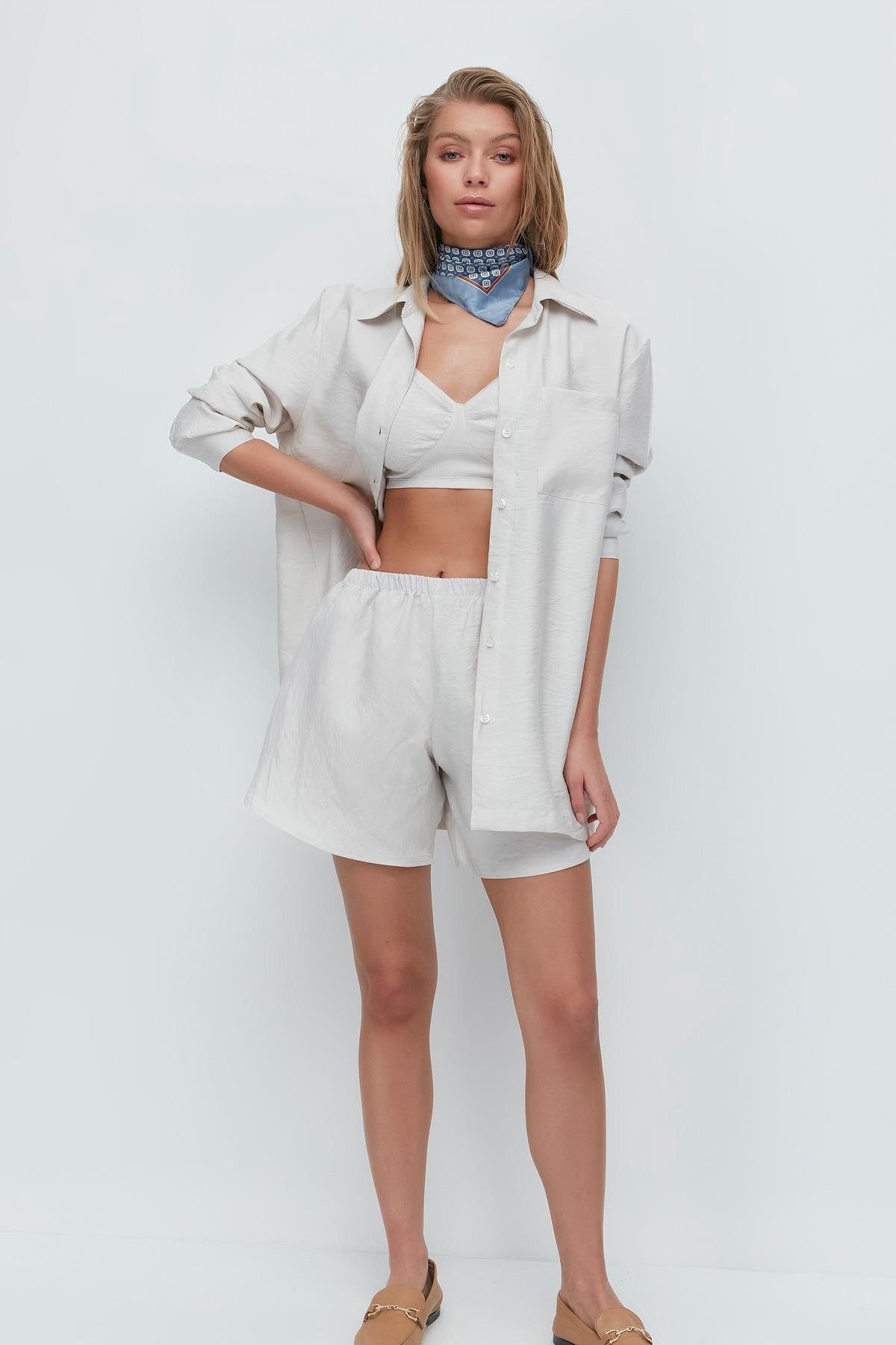 Blusentop Langarmshirt Kurze Hose 3-teiliges Set