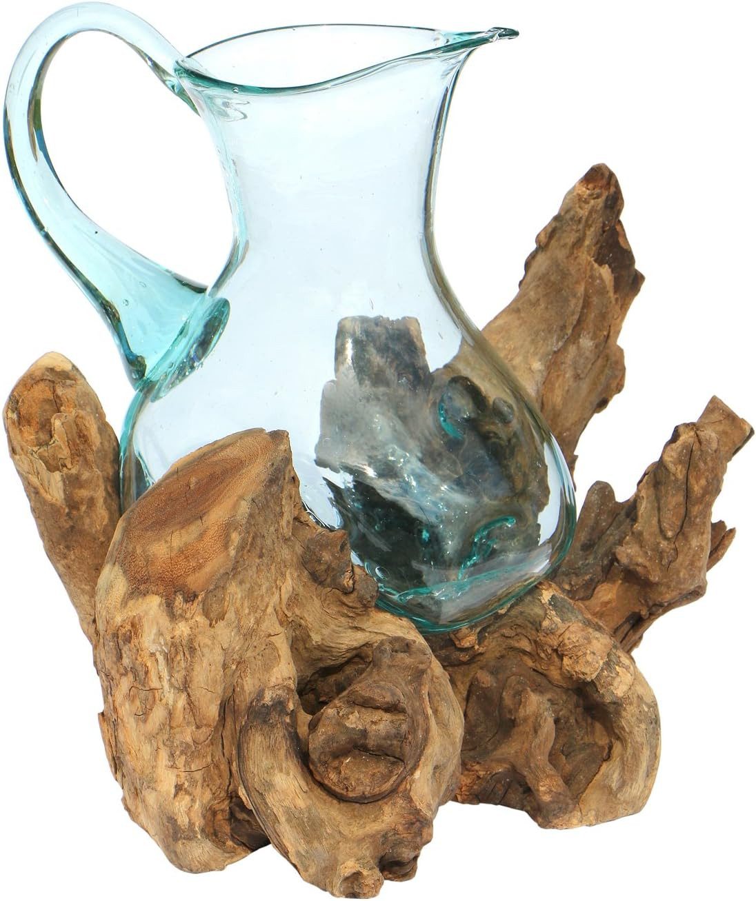 Wogeka Wasserkrug Glas-Krug auf Wurzelholz Kanne Teakholz Gamal Bali Vase