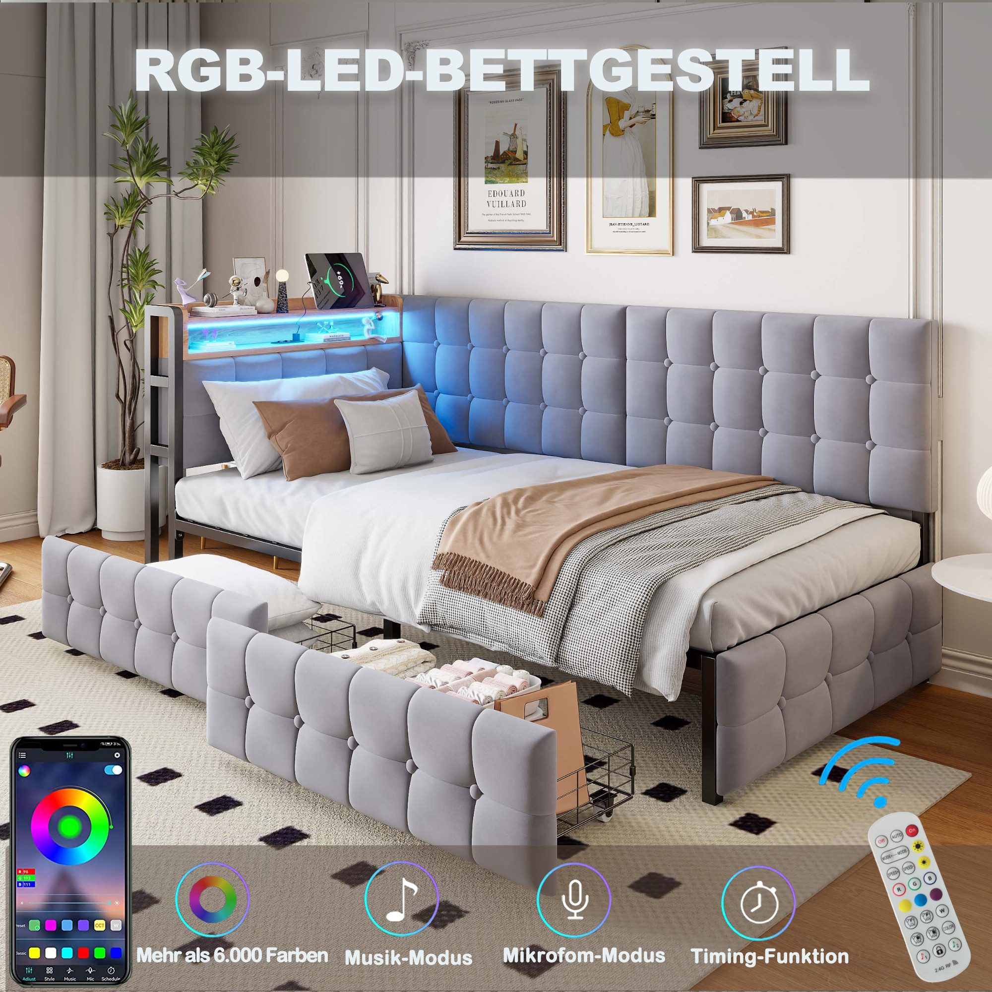Flieks Daybett, Polsterbett Schlafsofa 90x200cm mit 2 Schubladen USB/Typ-C-Anschluss