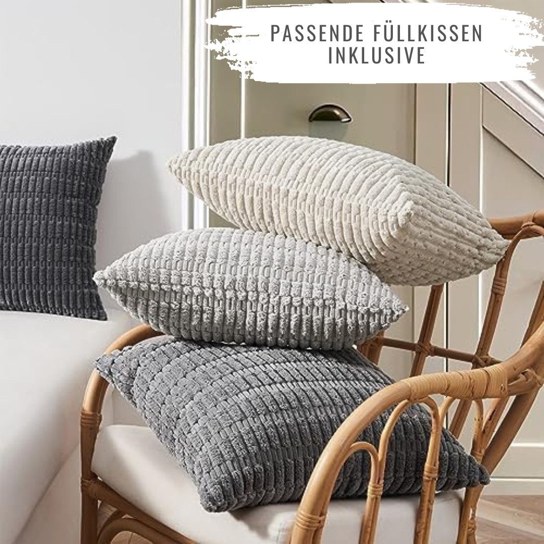 Interior by Hakito Dekokissen 4er Set Kissenbezüge inklusive Füllkissen Set Mosa Kordsamt weich, Kissenhülle mit Füllung