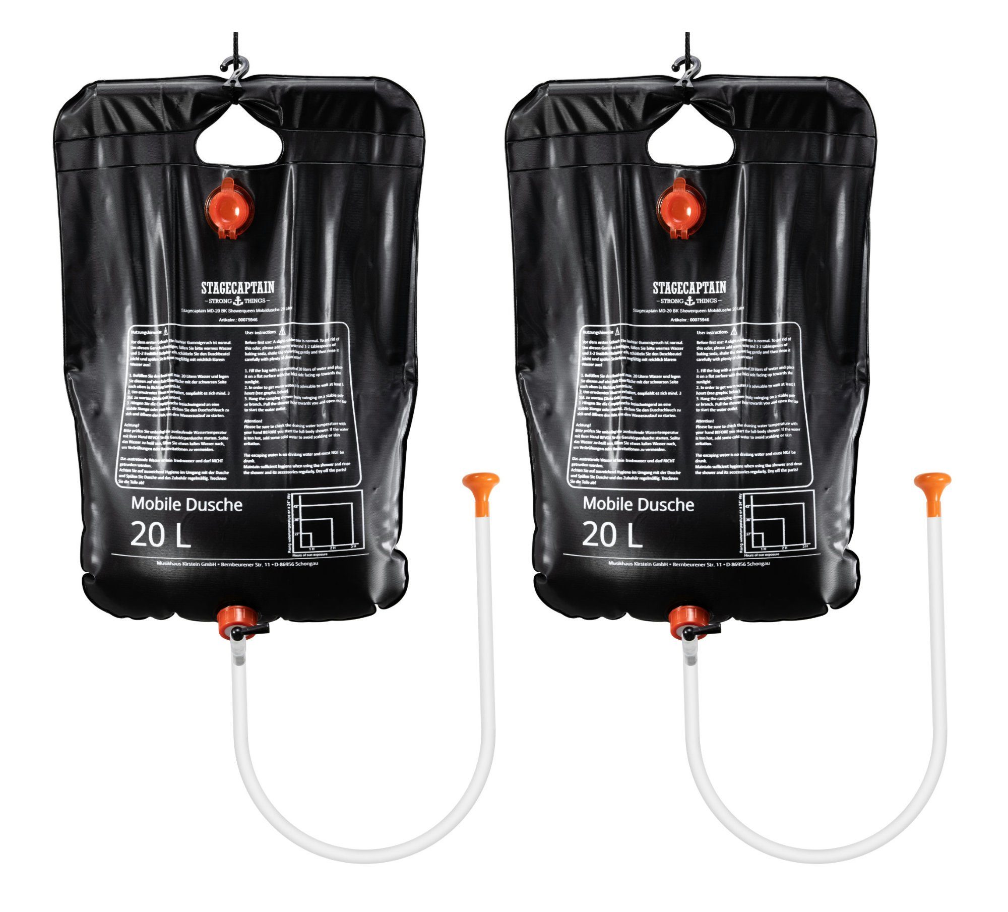 Stagecaptain Solardusche MD-20 BL Mobildusche mit 20 Liter Volumen (Campingdusche Set, 2 St., Inkl. Netzbeutel und Aufhängevorrichtung), Reisedusche Solar mit Duschkopf
