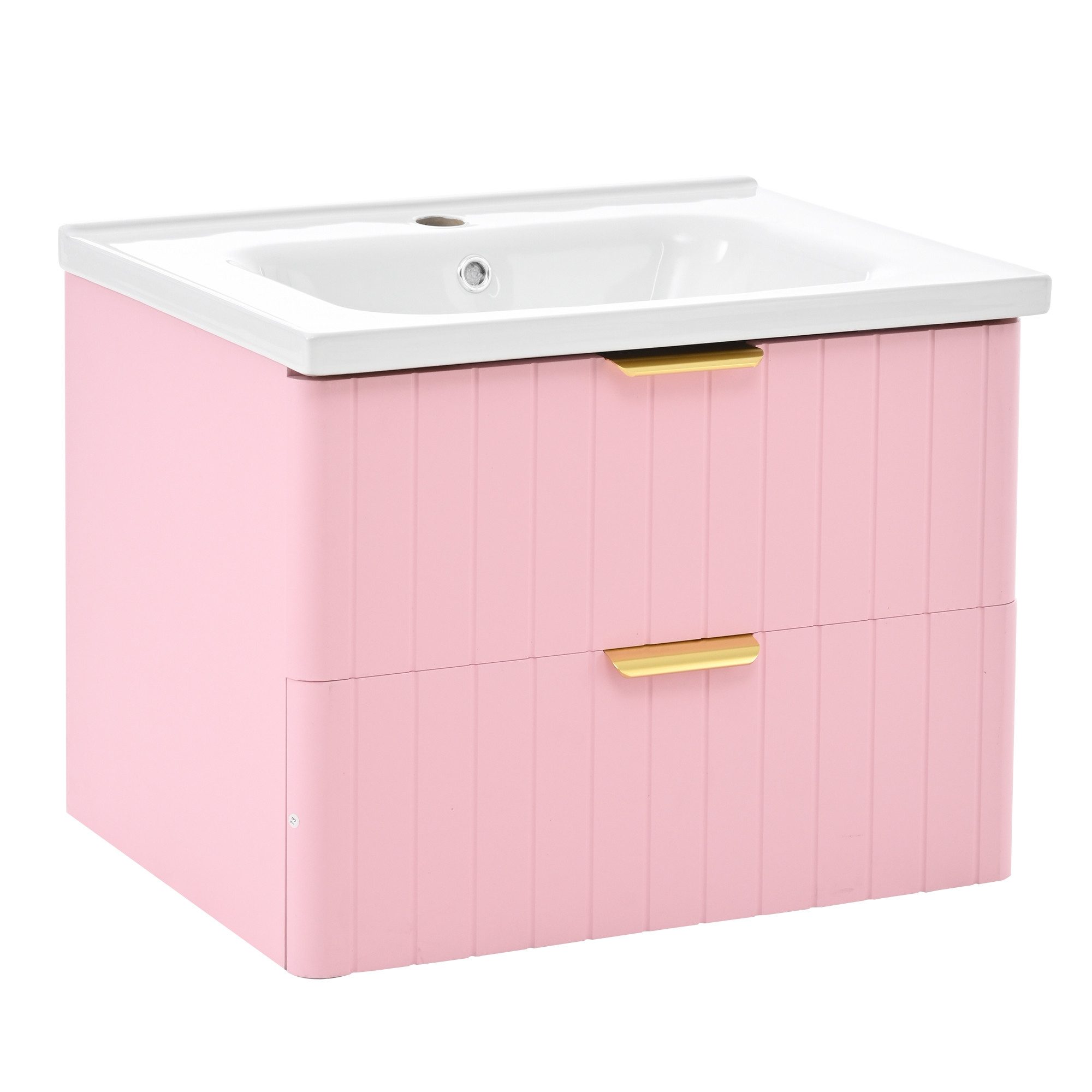 Yorbay Waschtisch Waschtischunterschrank mit Waschbecken, Badmöbel mit 2 Schubladen, Rosa, Breite 60 cm