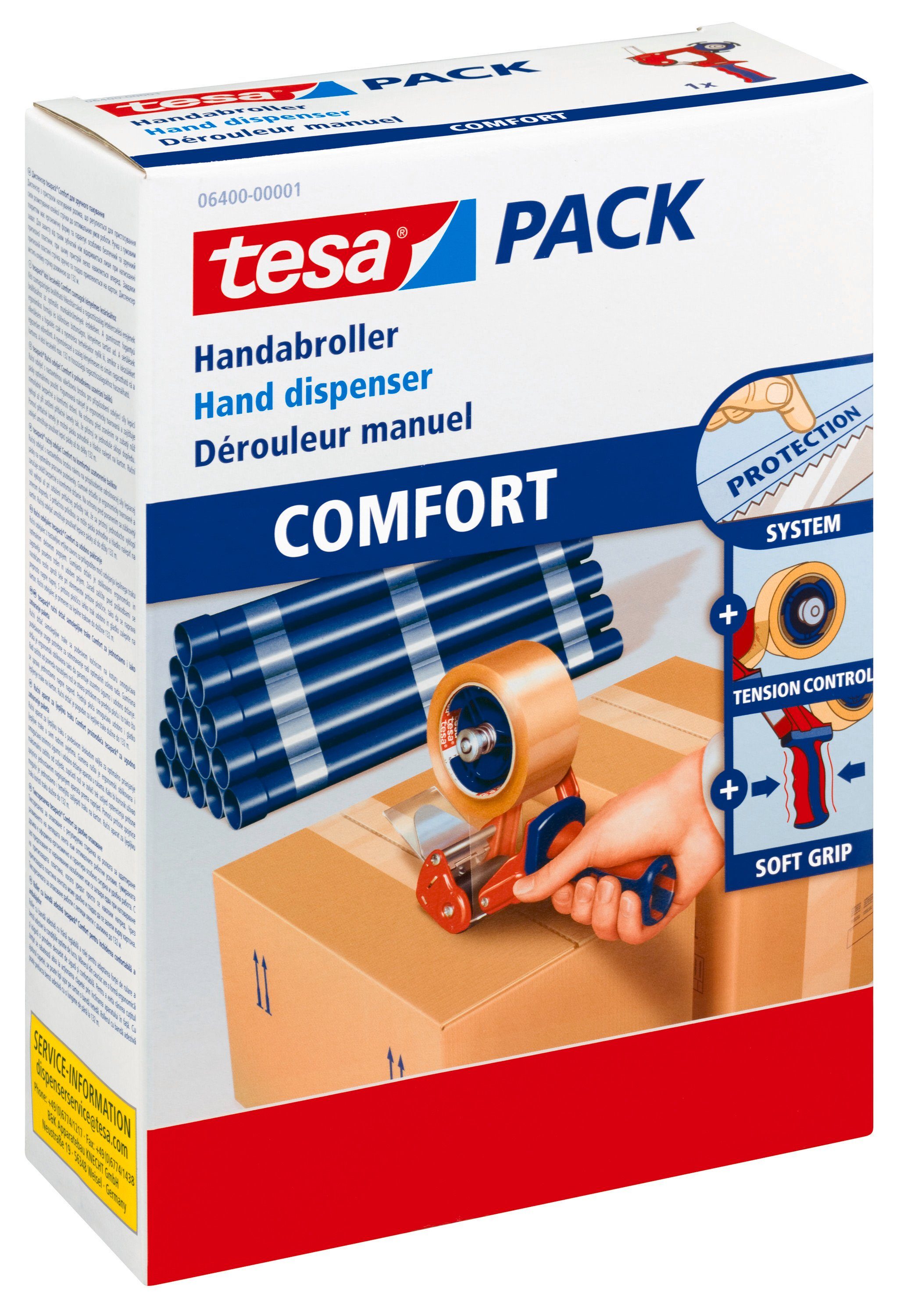 tesa Klebeband tesapack COMFORT Handabroller & rot / sicheres für (Packung, - leichtes Verpacken Packbandabroller 1-St) blau