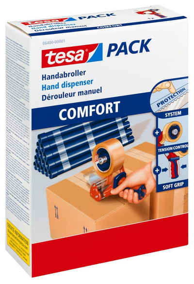 tesa Klebeband tesapack COMFORT Handabroller (Packung, 1-St) Packbandabroller für leichtes & sicheres Verpacken - blau / rot