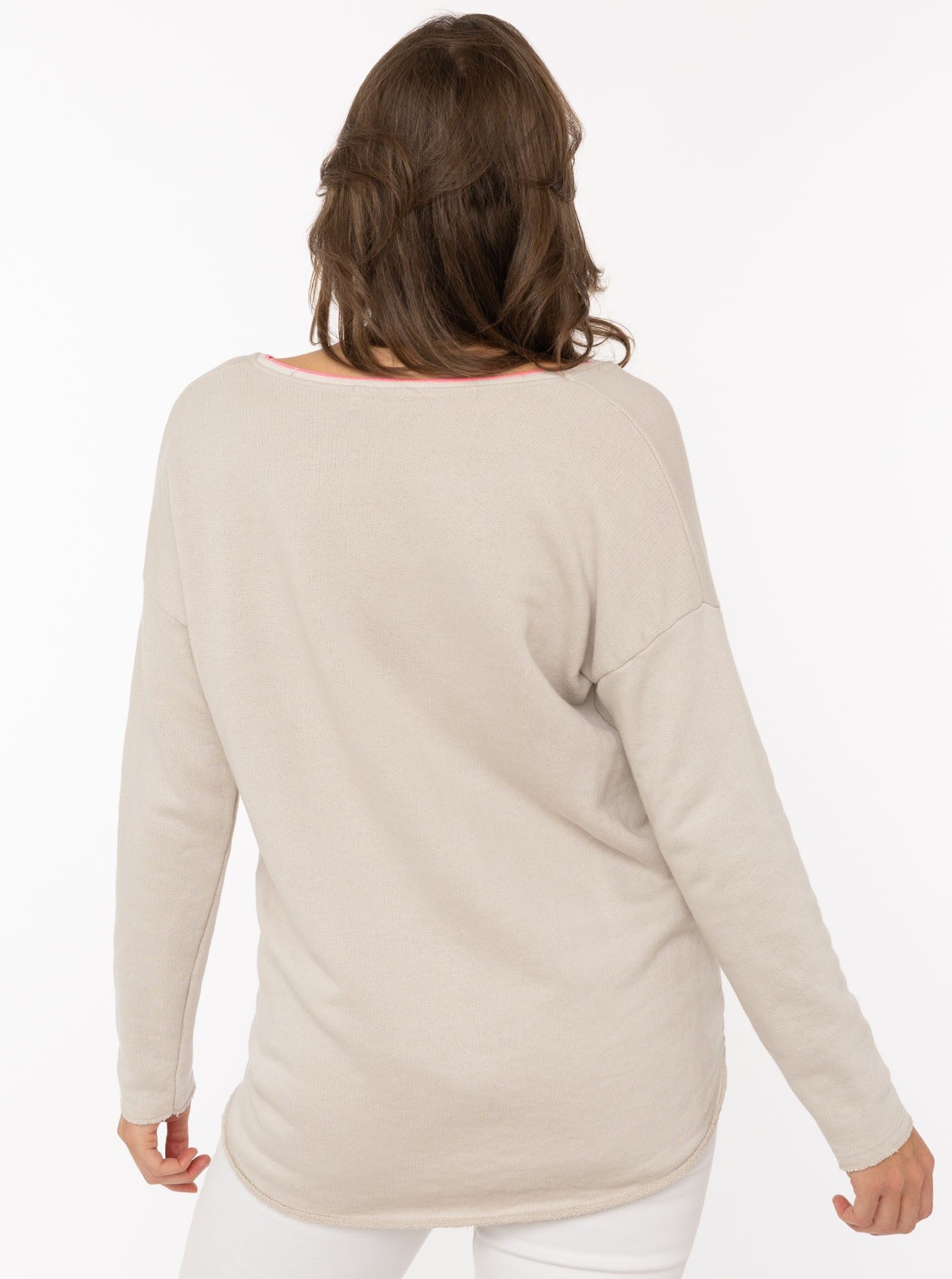 Zwillingsherz Sweatshirt „Positive Mind Neon Kante” mit Kontrastnaht, V-Neck, washed out Optik, langarm