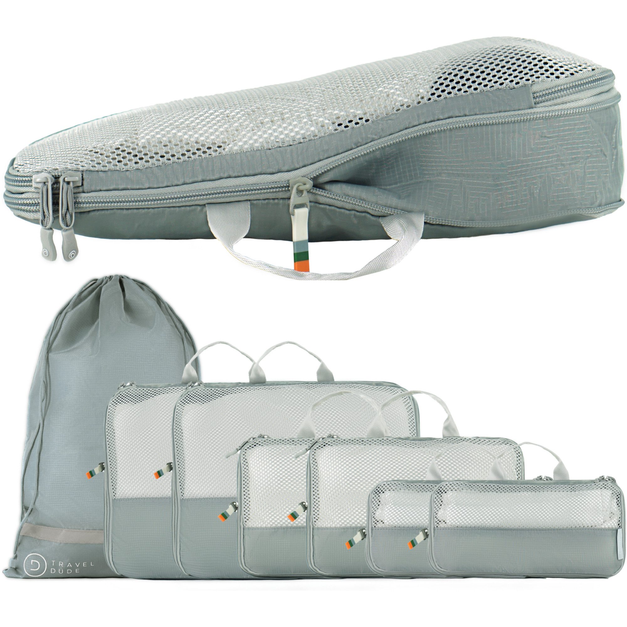 TRAVEL DUDE Kofferorganizer, Packing Cubes aus recycelten Plastikflaschen (ultraleichte Packwürfel, 7-tlg., Packing Cubes für Rucksack und Koffer, Packtaschen), mit Kompression und einem Nassfach