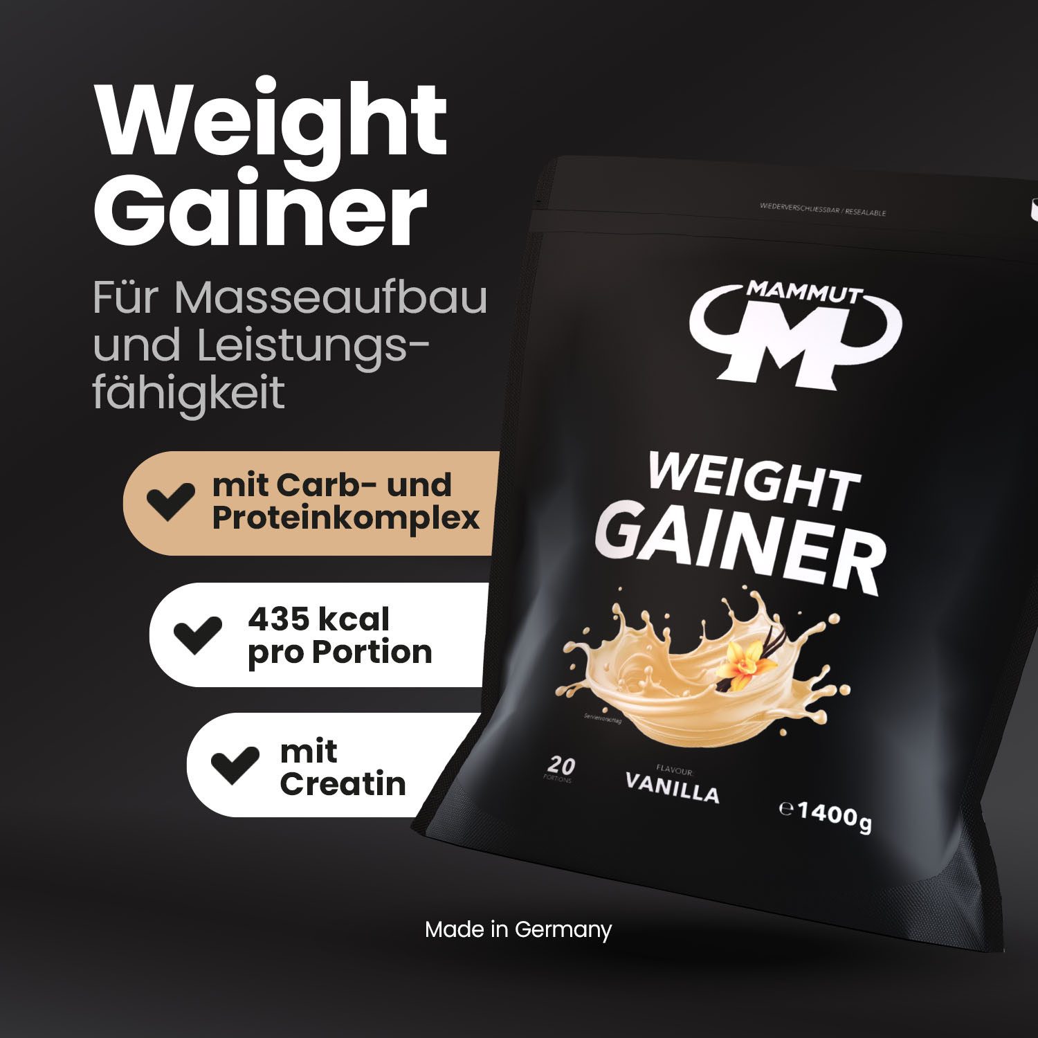 Mammut Nutrition Weight Gainer Crash 5000 - 1400 g Zipp-Beutel Pulver, 1400 g