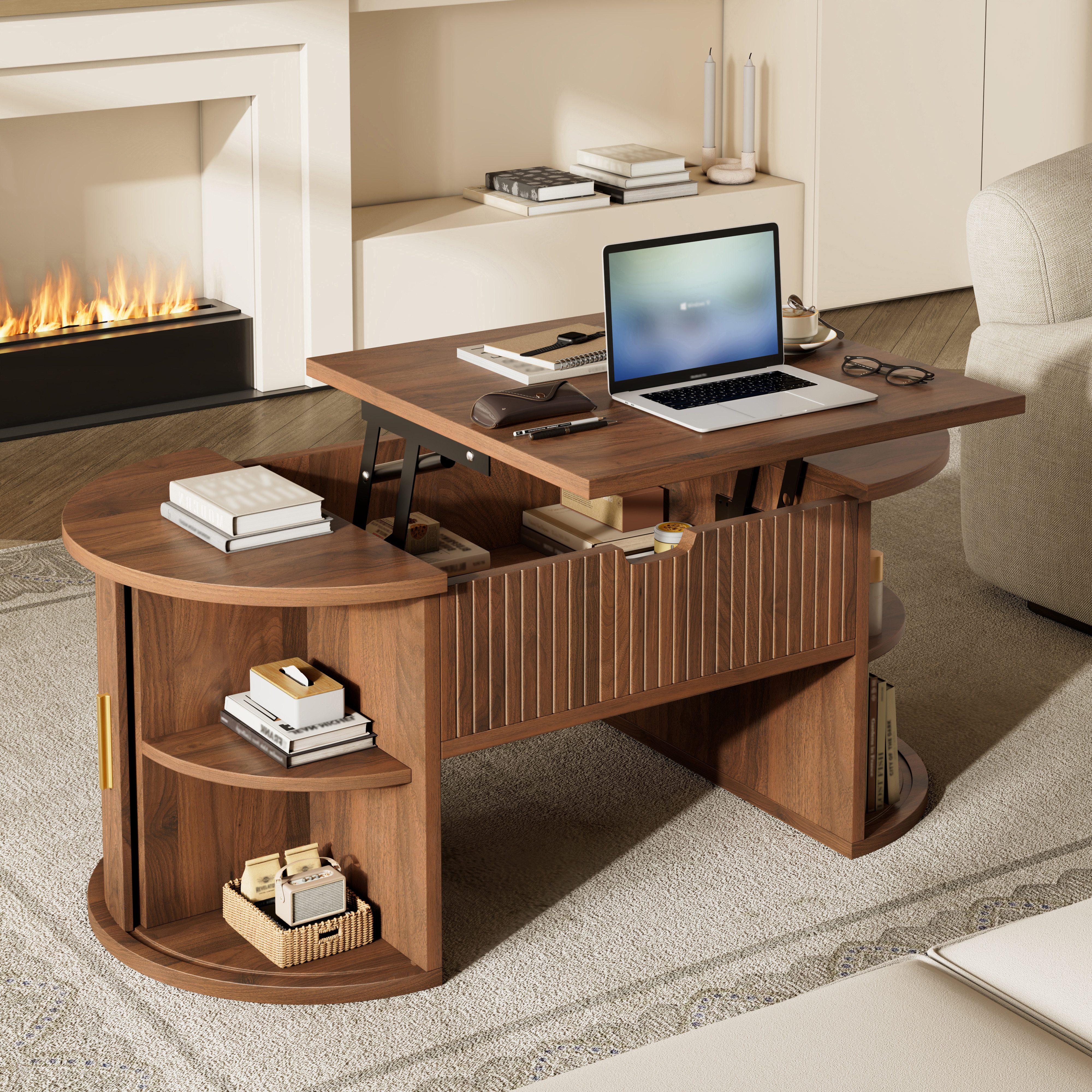 MODFU Couchtisch 100x40,5x50 cm mit Höhenverstellbarer Wohnzimmertisch (Packung, 1-St., Kombination aus offenem Regal & Schiebetür), Ideal für Homeoffice & kleine Wohnungen