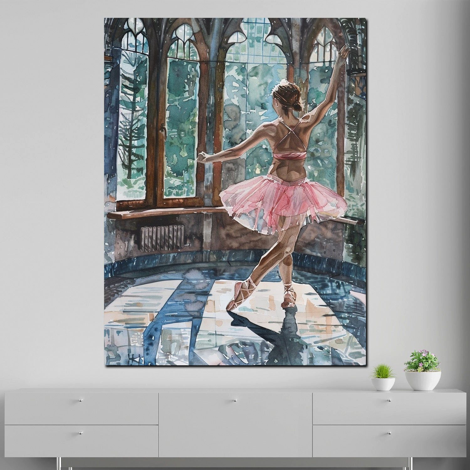 Artedinoi Leinwandbild Ballerina Tanzsaal Sonnenlicht rosa Leinwandbild Wandbild XXL, Tanzende Ballerina