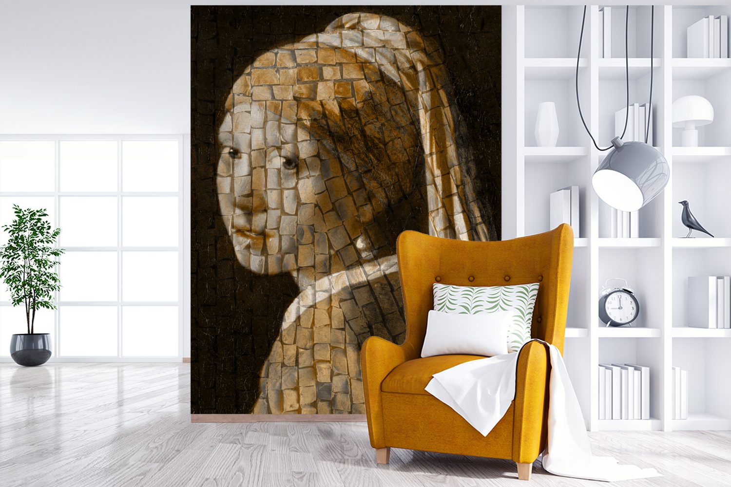 Alte Tapete Wohnzimmer, - MuchoWow Fototapete Mosaik, für Meister mit bedruckt, Wandtapete Vinyl - Perlenohrring Mädchen einem (4 Montagefertig St), Matt,
