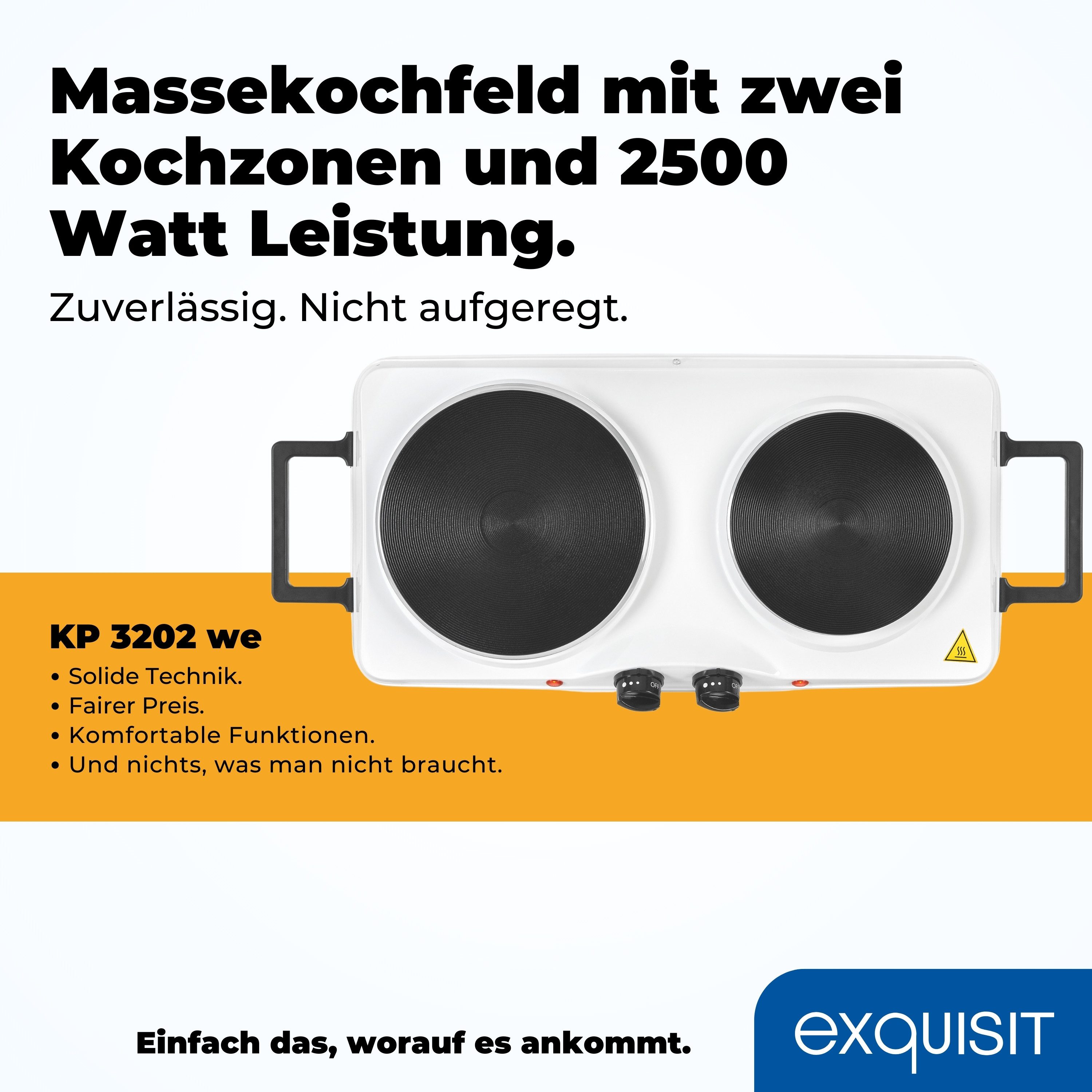 exquisit Doppelkochplatte KP 3202, 2500 W, Massekochfeld, 2 Kochzonen, flexibles Kochen überall