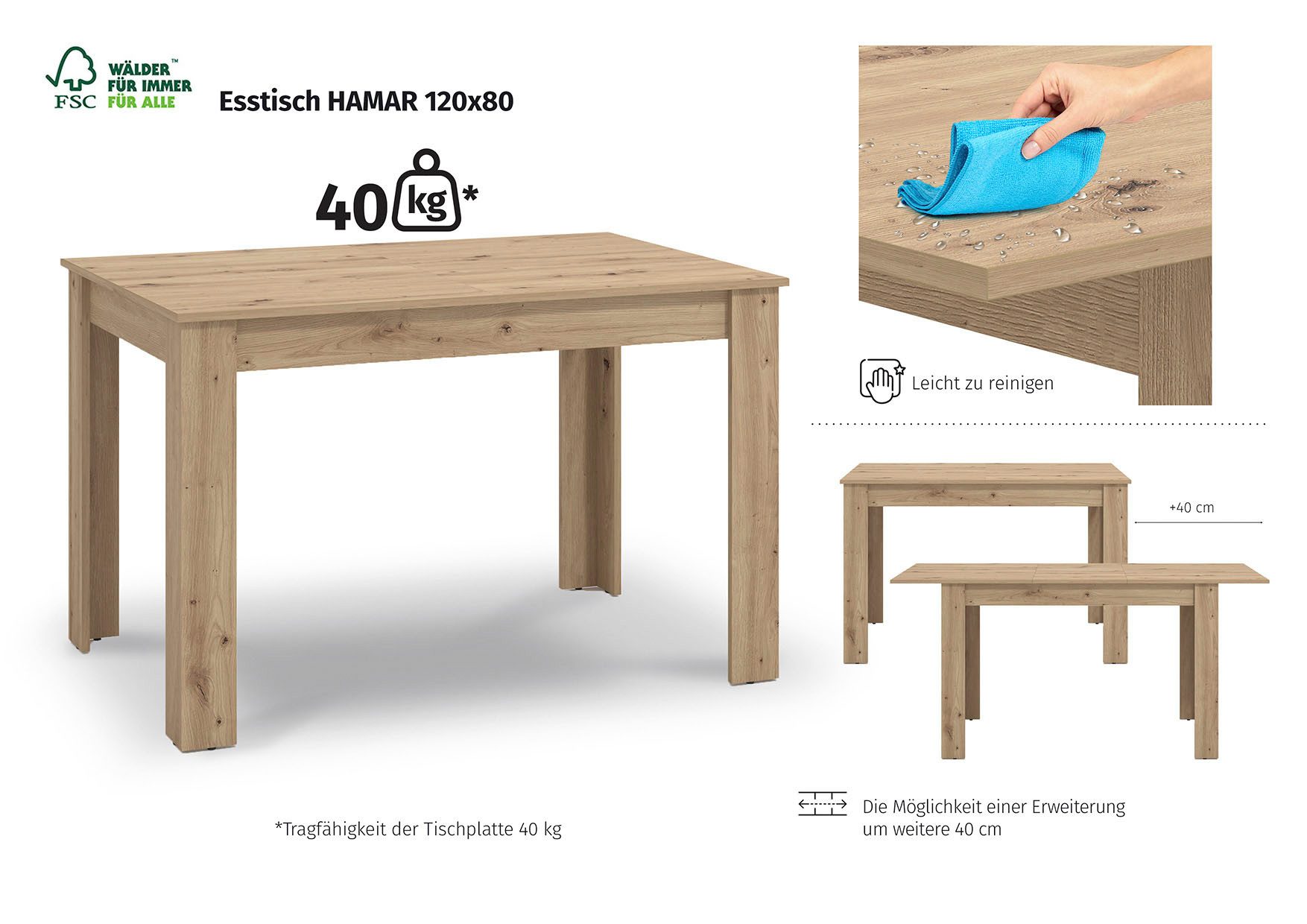 OTTO home Esstisch Hamar Esszimmertisch 120x80, Weiß oder Eiche Holz Küchentisch, Verlängerbar durch Einlegeplatte, max. Breite 160 cm – Bild 3 von 5