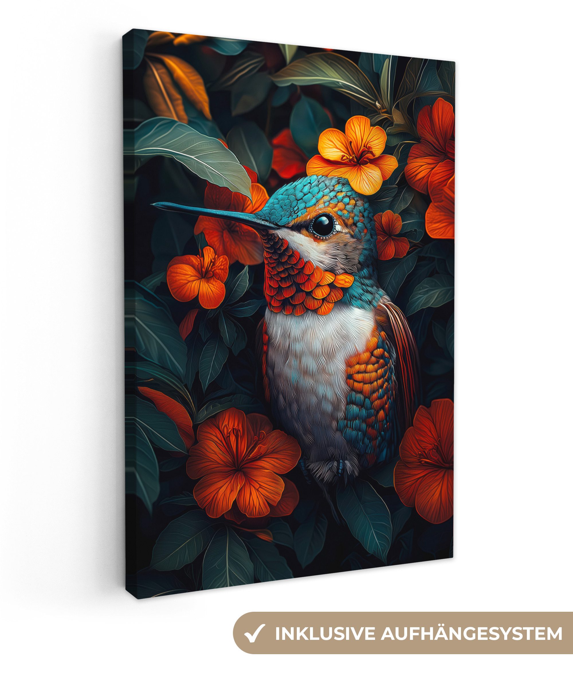 OneMillionCanvasses® Leinwandbild Kolibri - Vogel - Farbenfroh - Orange Blumen, Fotodruck (1 St), Leinwand Canvas Wandbild, Wanddekoration 20x30 cm