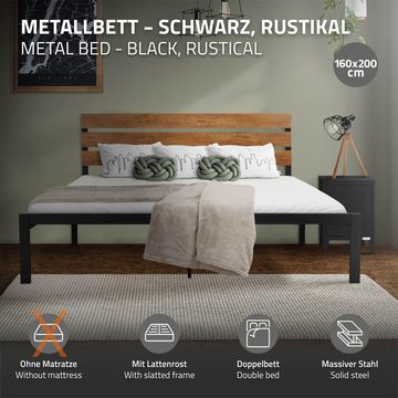 ML-DESIGN Metallbett Bett für Schlafzimmer mit Lattenrost und Holz-Kopfteil Rustikal, Gästebett 160x200 cm Schwarz-Braun Einzelbett Doppelbett
