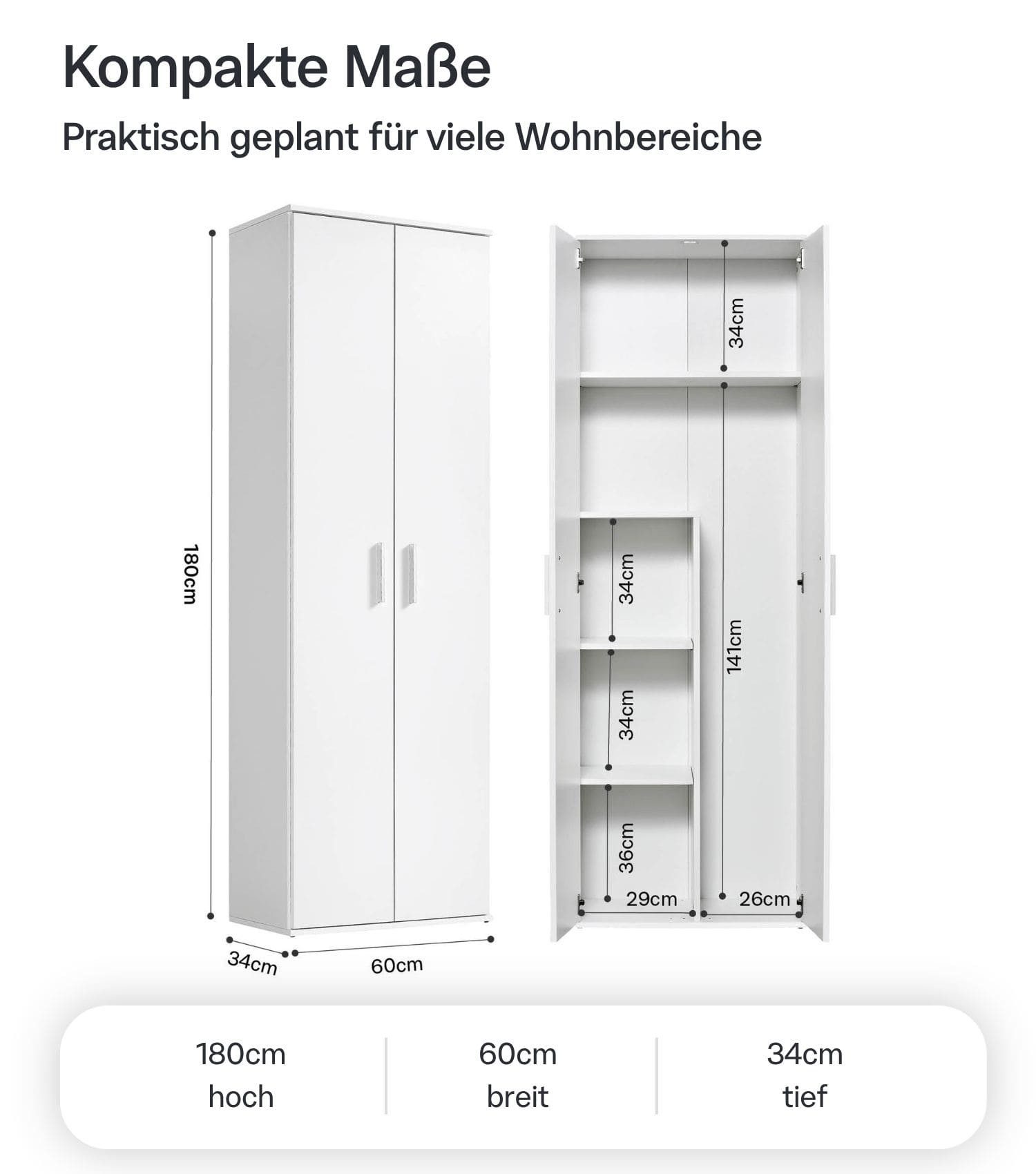 mokebo Mehrzweckschrank Der Lange (60x180 cm, mit Staubsaugerfach) Made in Germany, Besenschrank, Putzschrank, Flurschrank in Weiß – Bild 4 von 5
