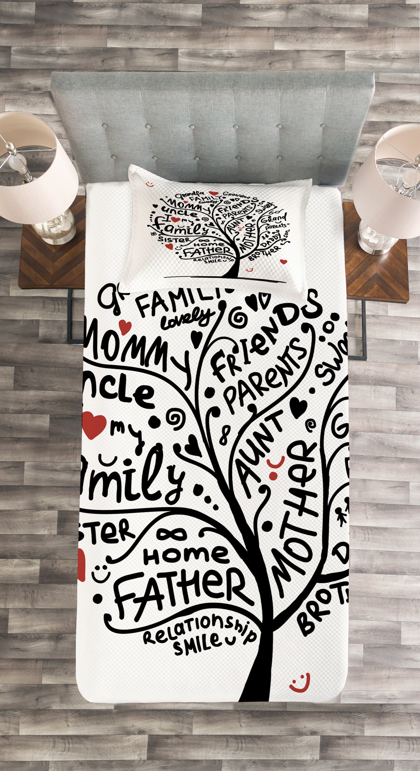 Tagesdecke Kissenbezügen Doodling Kalligraphisches Familienstammbaum Waschbar, Set Abakuhaus, mit