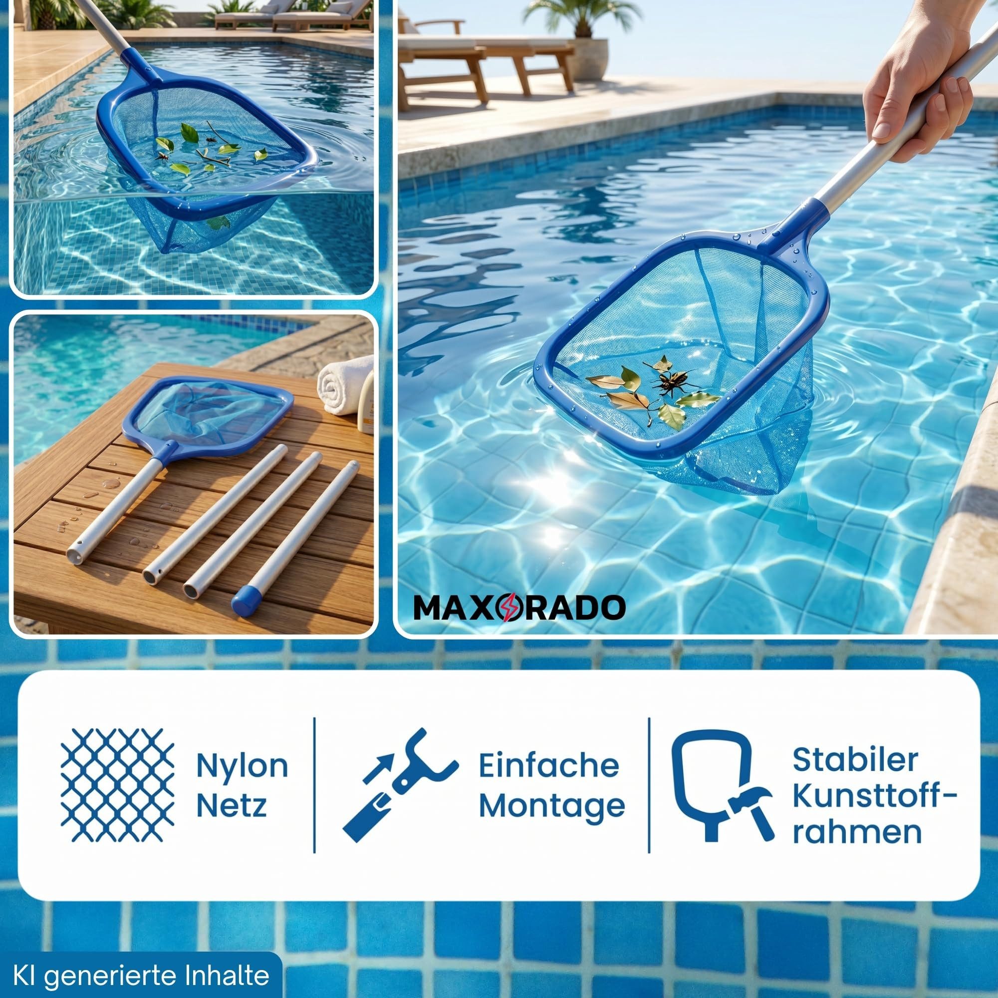 Maxorado Keschernetz Pool Kescher 1,6m lang mit Stange für Laub Reiniger Reinigung Pools (1-St), Reinigung Schwimmbecken, Spas, Whirlpool zubehör
