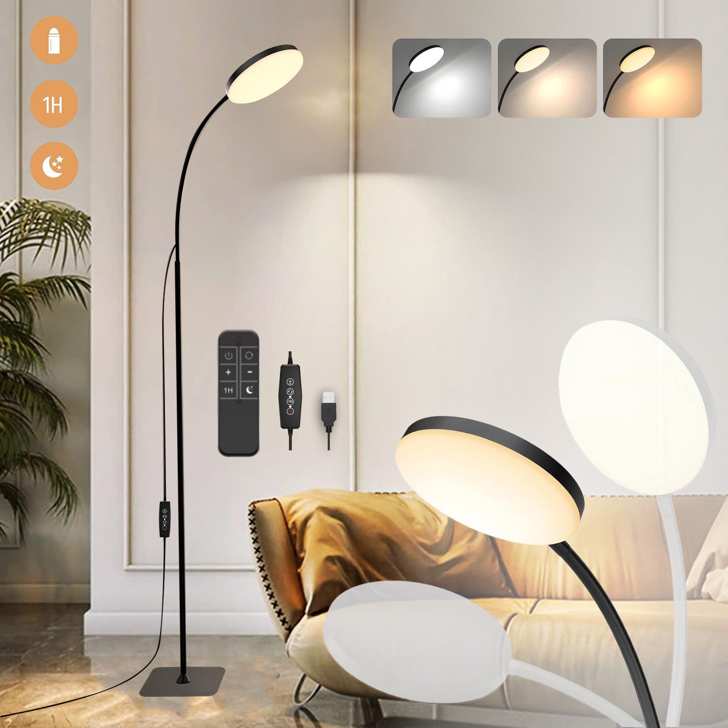 LED Stehlampe Floor Leselampe Dimmbar Einstellbare Höhe mit Fernbedienung Schwarz