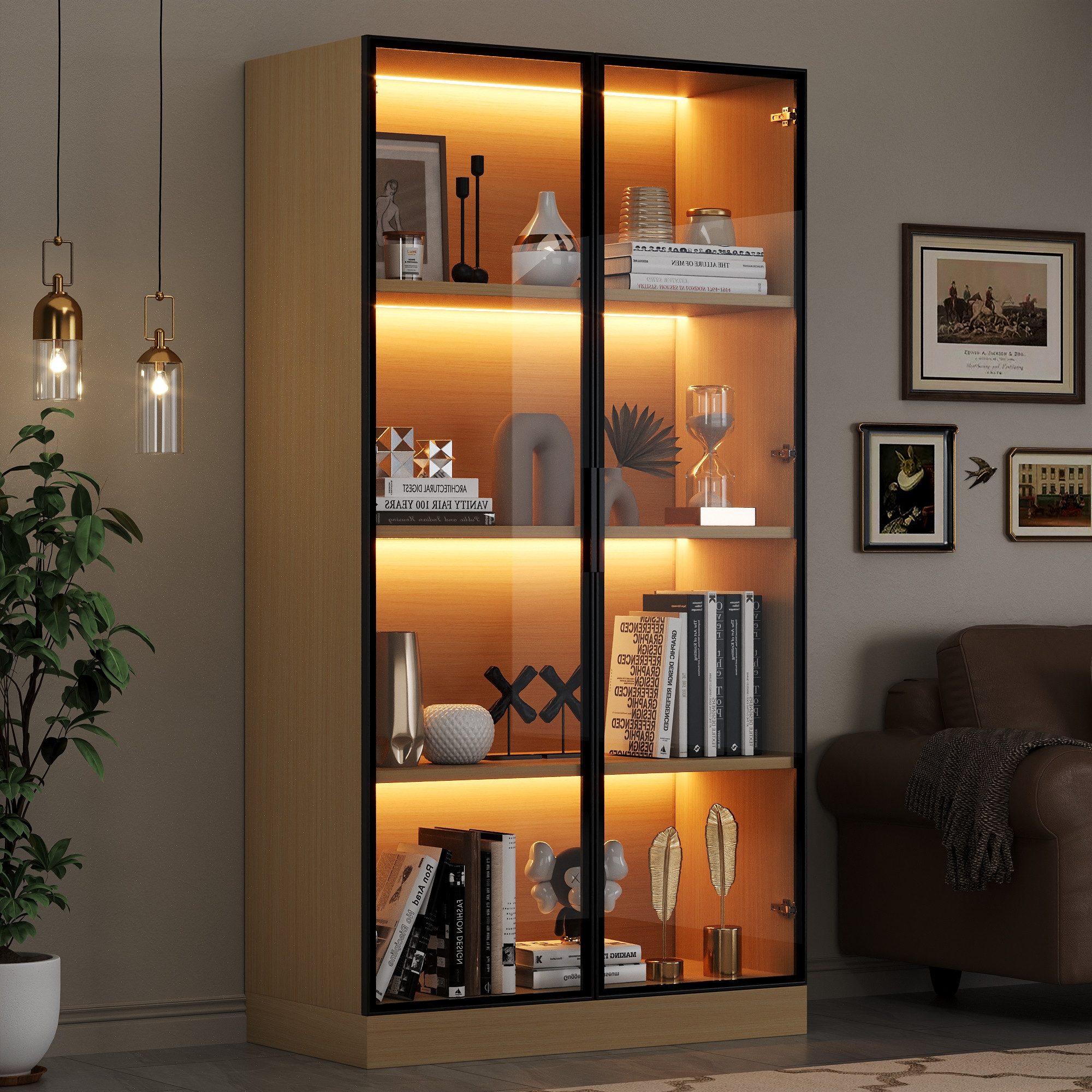Ulife Glasvitrine Hochschrank mit Bücherregal, LED-Beleuchtung günstig online kaufen