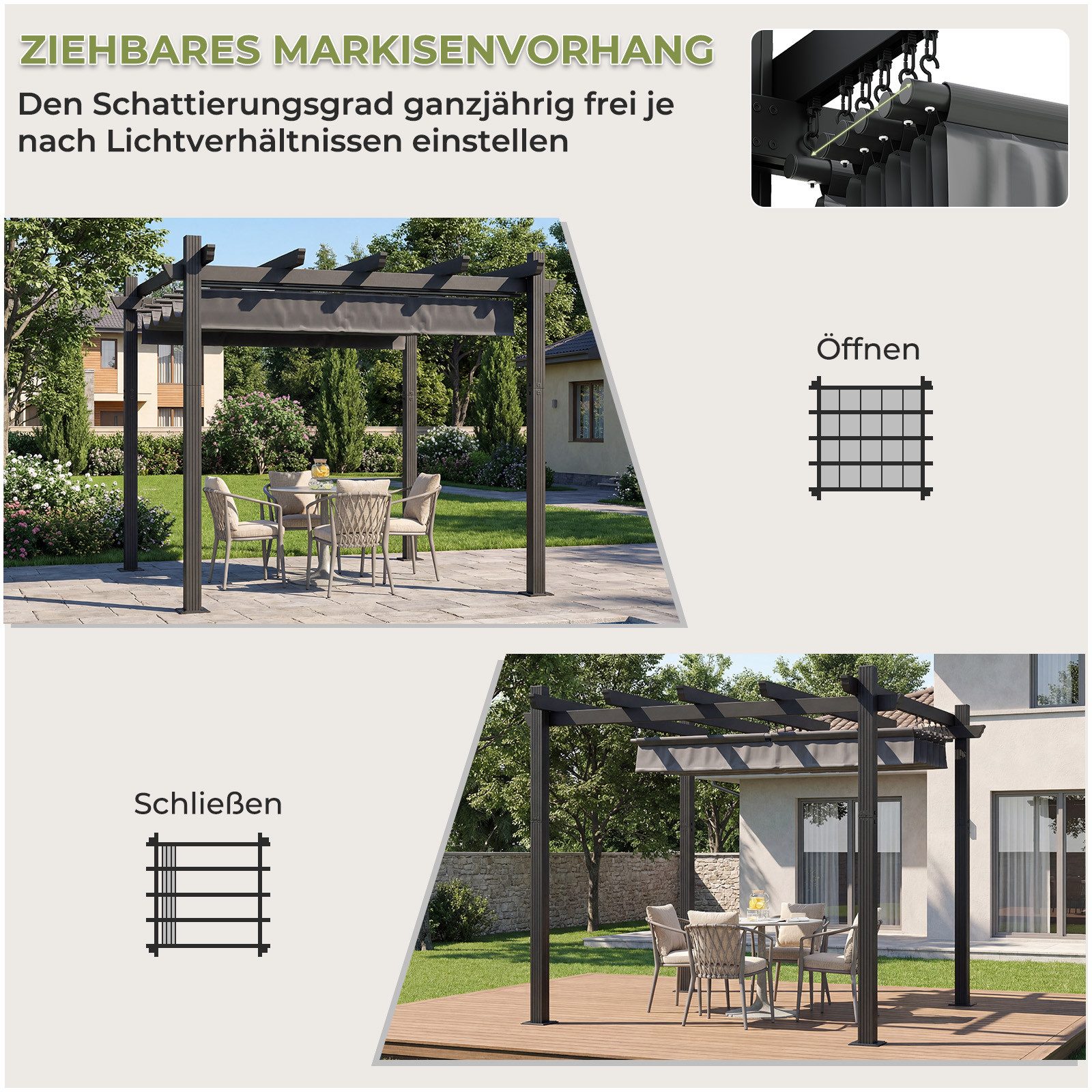 GUNJI Pergola 3x3/3x4m Winterfest, Magnetisch befestigte Aluminium-Pergola, (180g PA-beschichtetes Polyester, UV-geschützt, geeignet für Garten, Terrasse, Poolszenen), Magnetisch befestigbares Schiebedach