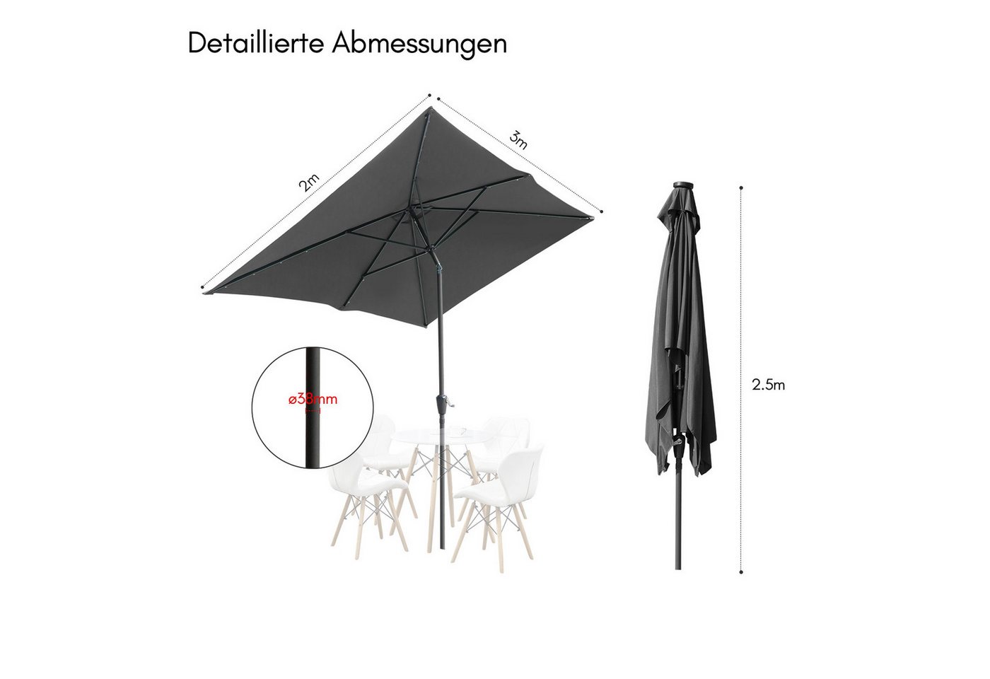 Thumbnail - Clanmacy Sonnenschirm Sonnenschirm Rechteckig,Kurbel,Knickbar,Eisen,neigbar,2x3m,Grau