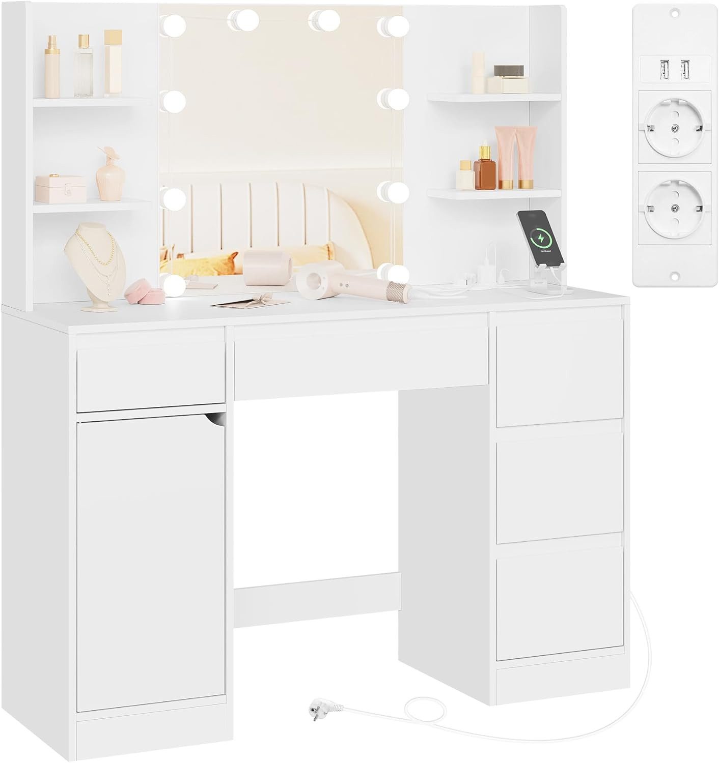 Woltu Schminktisch, weiß, mit Spiegel mit Beleuchtung und Steckdose, 110x14 günstig online kaufen