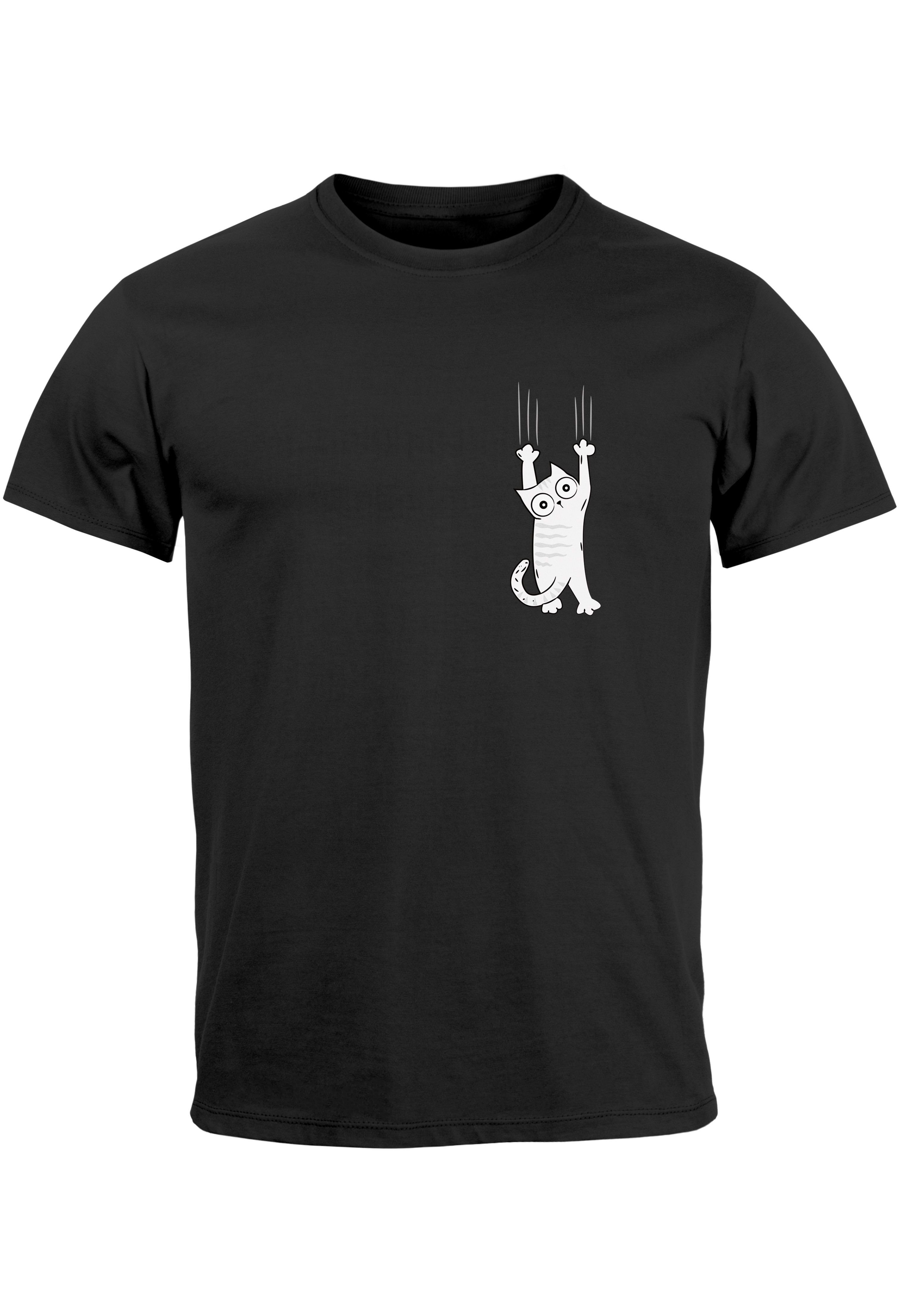 Neverless Print-Shirt schwarz Kapuzen-Pullover Print Männer Logo Cat T-Shirt Herren mit Aufdruck Katze lustig