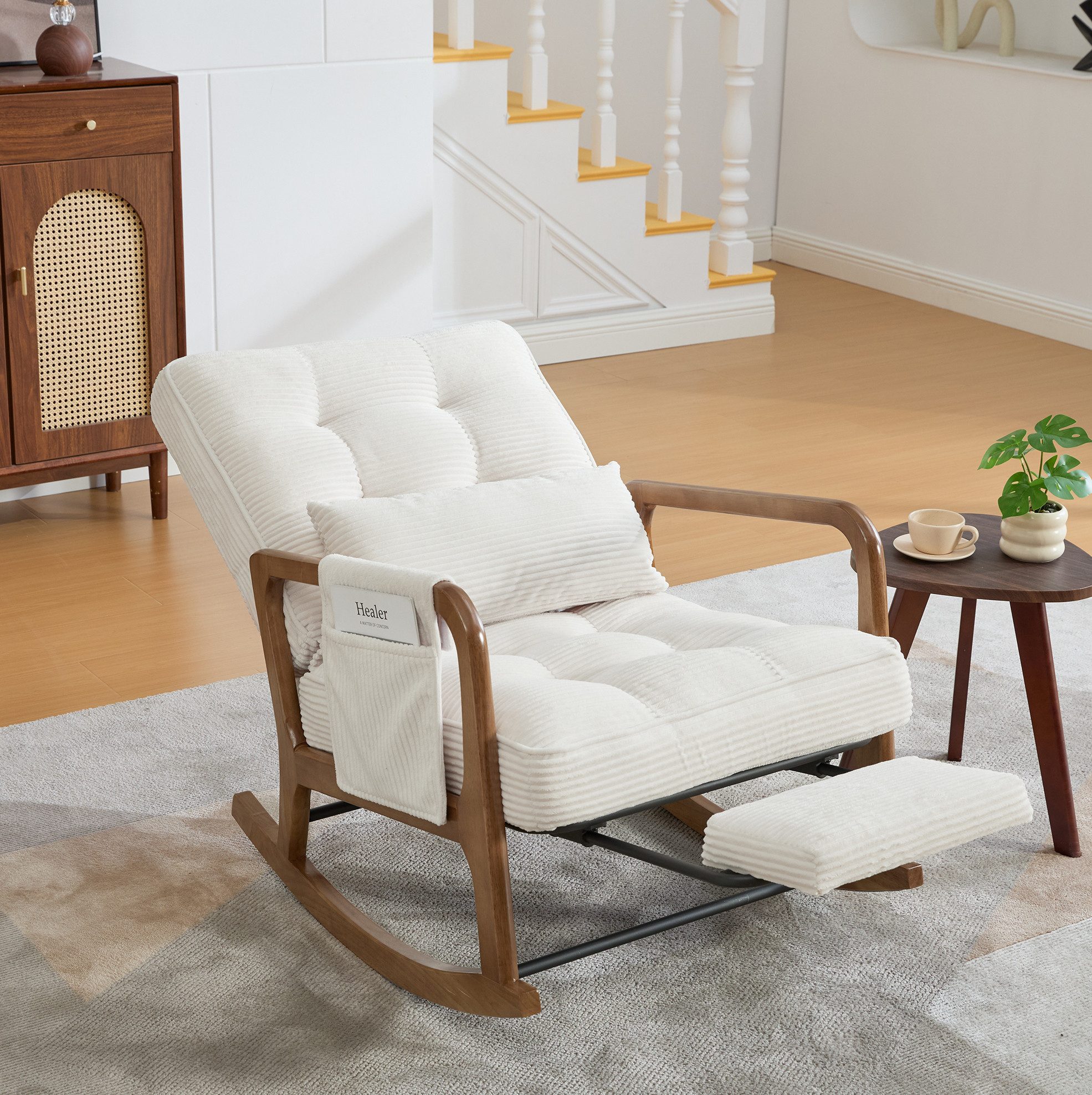 OKWISH Loungesessel Schaukelstuhl (mit verstellbarer Lehne, Fußstütze und praktischen Seitentaschen), Relaxsessel Polstersessel