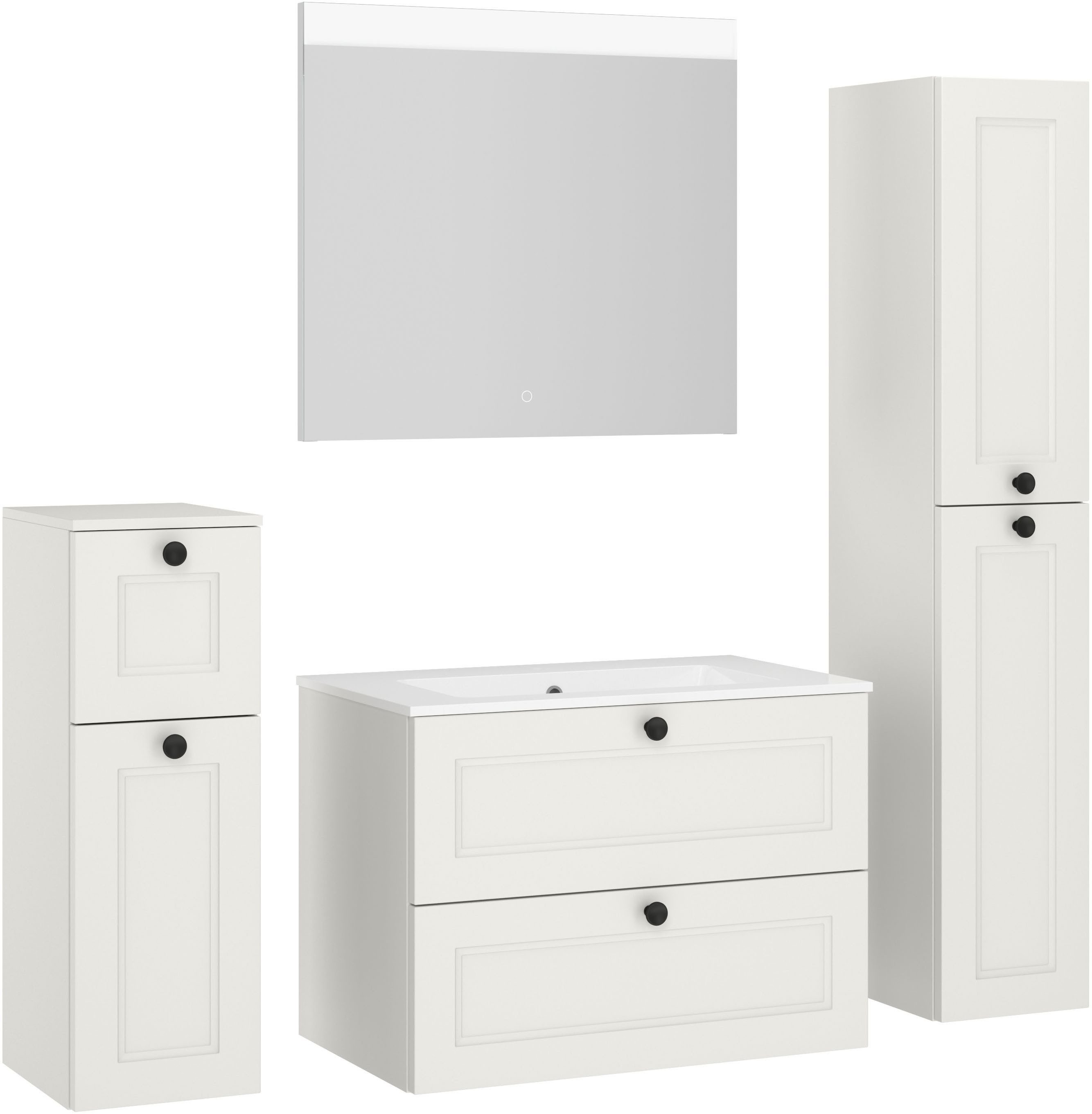 nobilia® Badmöbel-Set Cascada, (Set, 4-St., mit Waschbecken, inkl. beleuchtetem Spiegel mit Touch-Sensor), vormontiert, mit Soft-Close, in vier Breiten