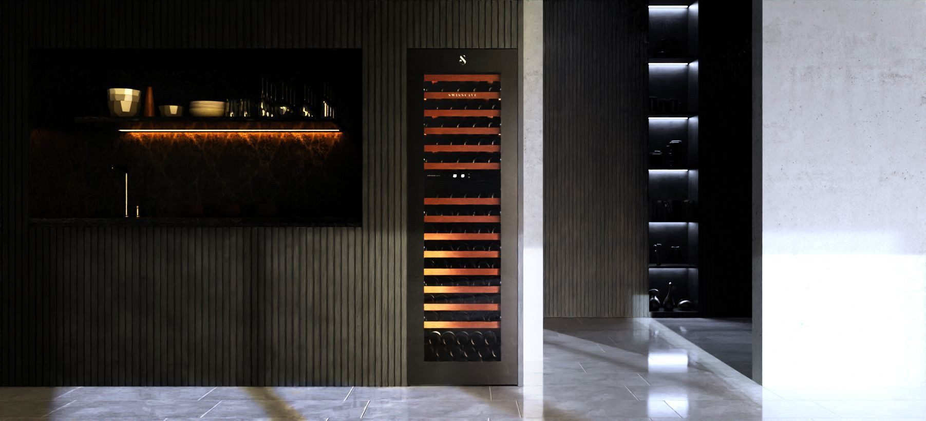 Swisscave Einbauweinkühlschrank WIB-178DFP. 2-Zonen, 178cm, 94 Flaschen, Panel Ready, 5 Jahre Garantie, für 94 Standardflaschen á 0,75l,Panel Ready Tür, Zwei Temperaturzonen, Edle Sapele-Holztablare
