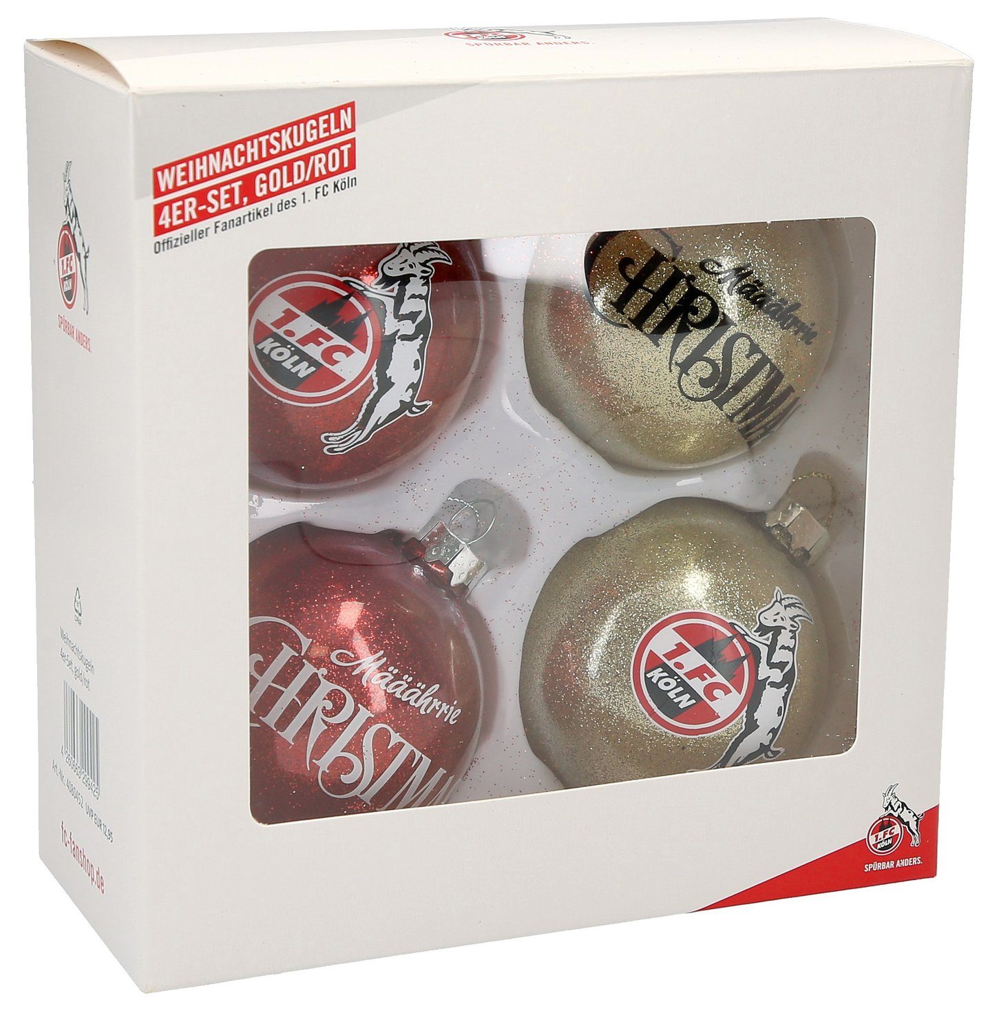 1. FC Köln Christbaumschmuck Weihnachtskugeln / Christbaumkugeln 4er Set, rot/gold Glitzer