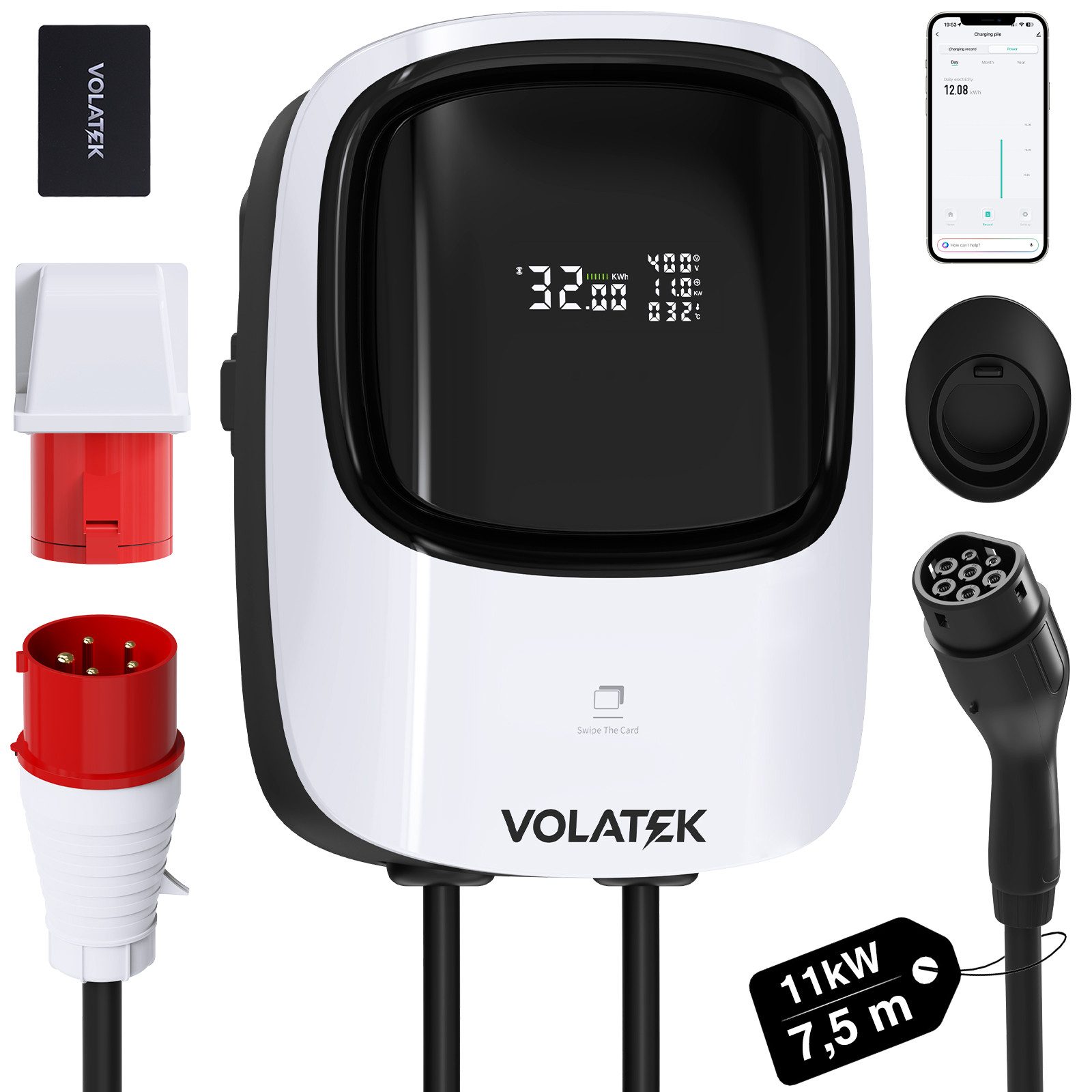 VOLATEK Elektroauto-Ladestation Wallbox 11kW mit APP & RFID & Fingerabdruck, 7,5m Typ 2 EV-Ladegerät, Wallbox 11kW / 16A, 400V WLAN & BT, …