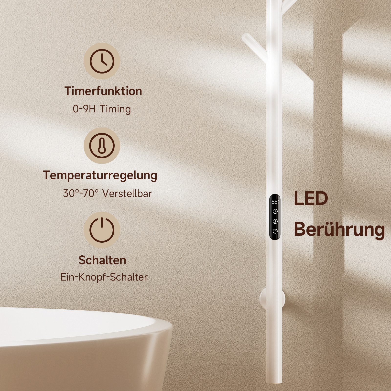 Oihpaw Elektrischer Badheizkörper 1530 x 32 mm Elektrischer Handtuchtrockner mit Baumart,mit 6 Haken