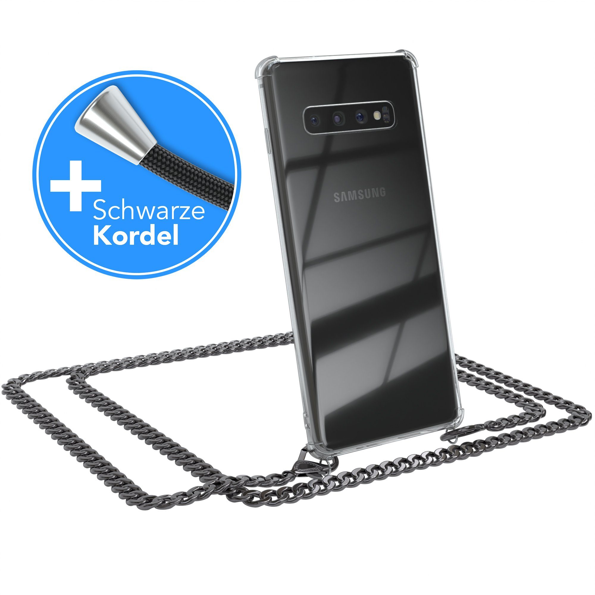 EAZY CASE Handykette 2in1 Metallkette für Samsung Galaxy S10 Plus 6,4 Zoll, Handykordel Kette zum Umhängen Cross Bag Schutzhülle Anthrazit Grau