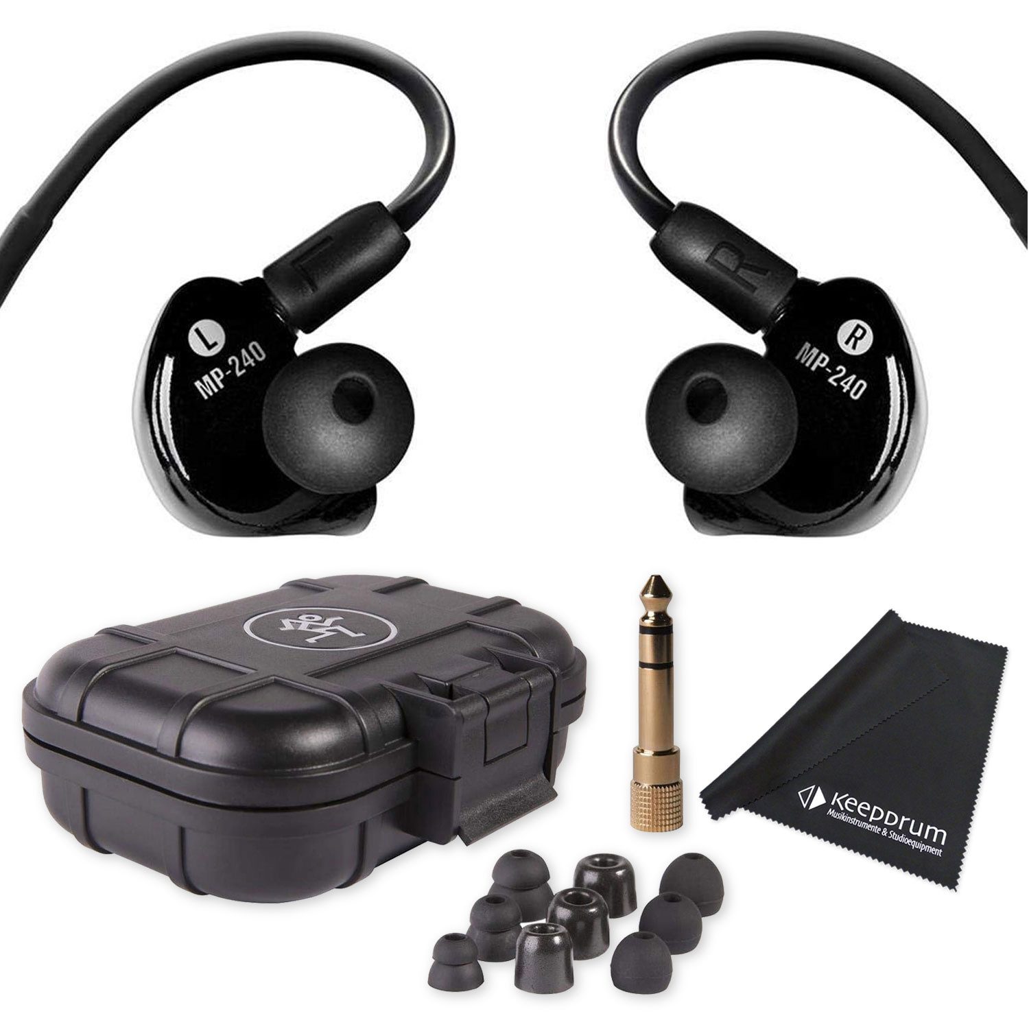 MACKIE Mackie In-Ear Kopfhörer MP-240 mit Tuch In-Ear-Kopfhörer (In-Ear Kopfhörer, schwarz, Vorteils-Set mit Tuch)