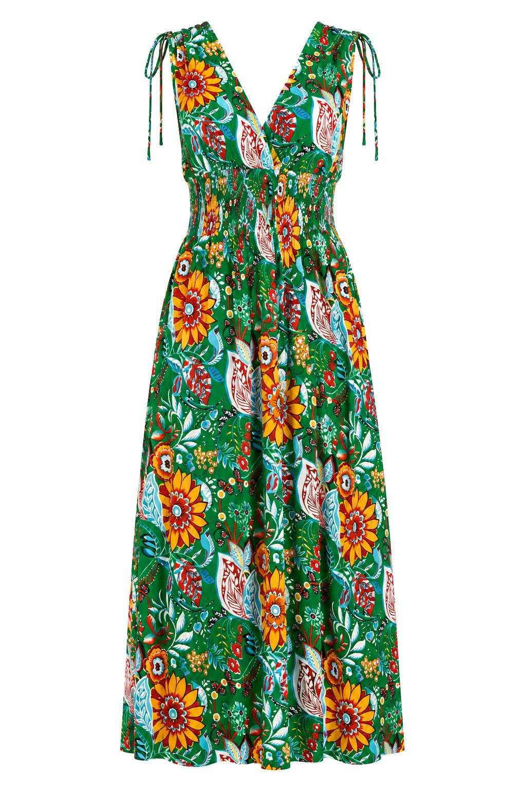 ITALY VIBES Sommerkleid - florales Viskosekleid mit Smokbund und V-Ausschnitt für Damen