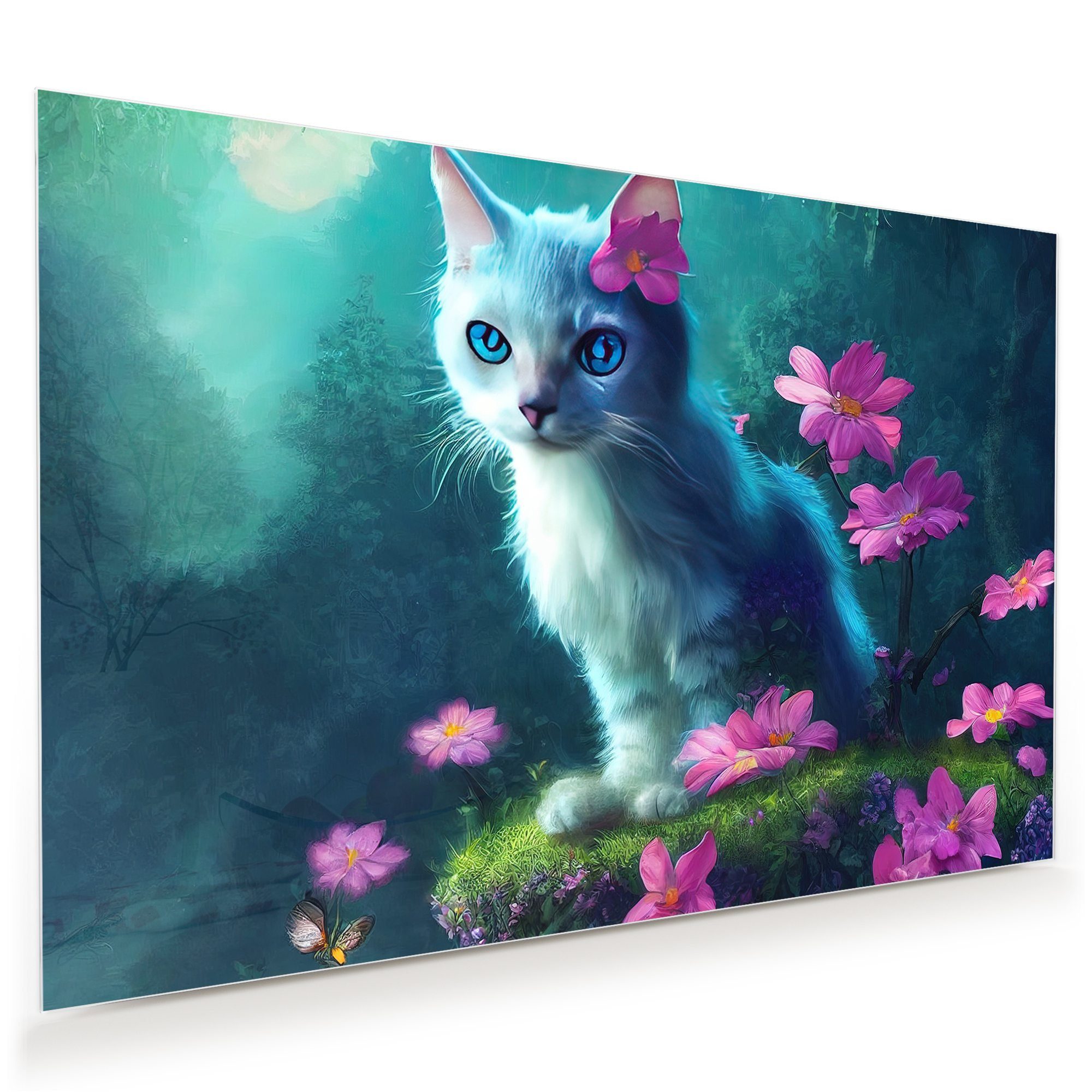 Katze Fantasie Kinderwelt mit Aufhängung, Primedeco Blumen Glasbild Wandbild